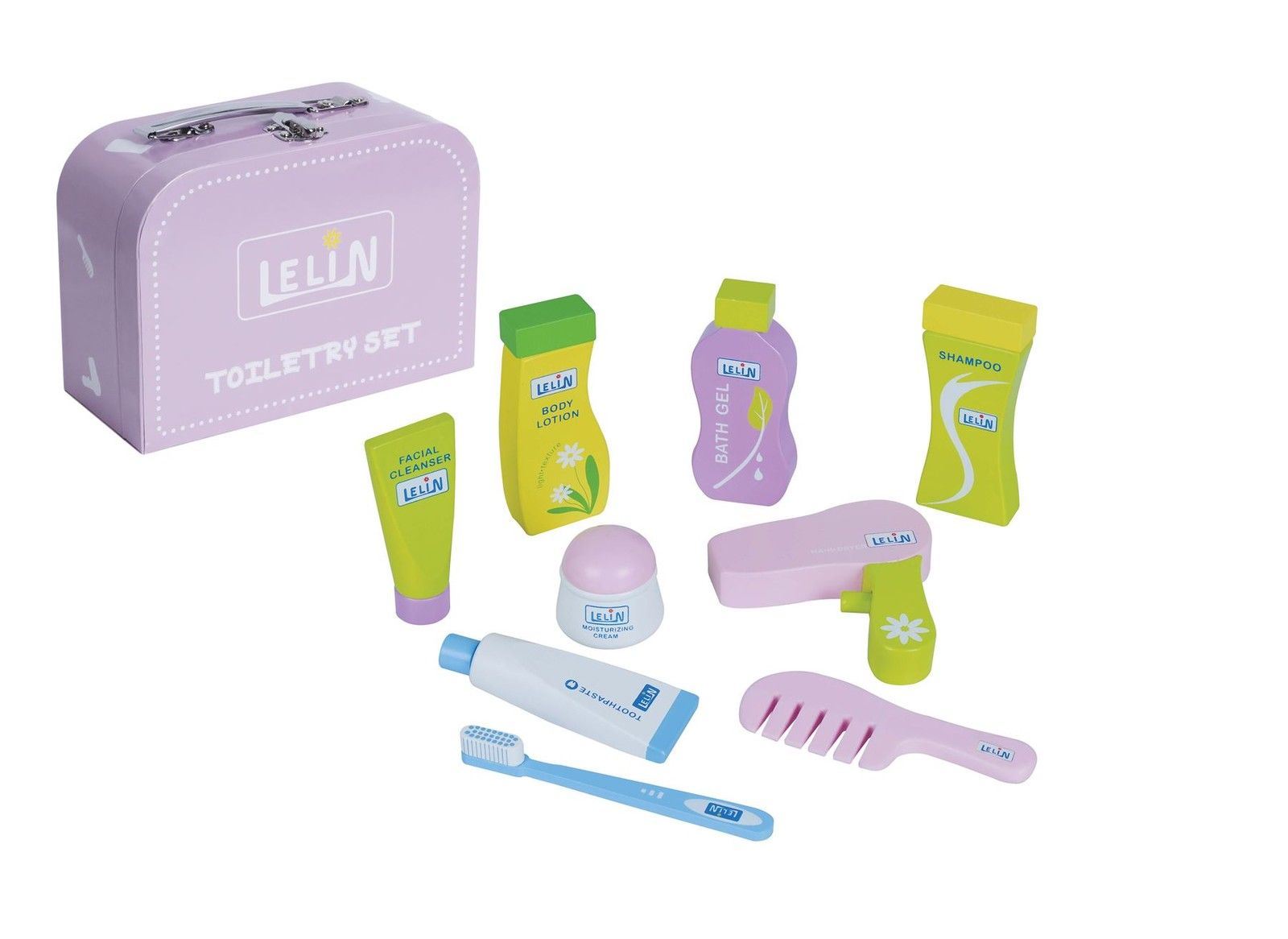 Lelin 9-Piece Toy Toiletry Set with Toothbrush, Toothpaste, Facial Cleanser, Bath Gel, Lotion, Cream, Shampoo, Comb and Hair Dryer