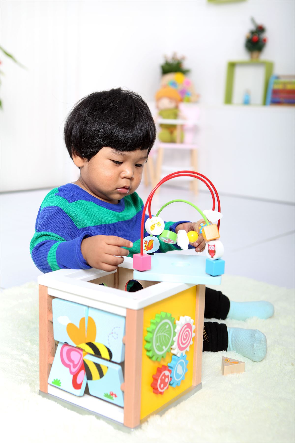 Lelin Multi-Activity Nature Activity Cube Toy for 12 Months+ Kids with Bead Frame, Shape Blocks, Maze, Flip a Block and Gear Wheel