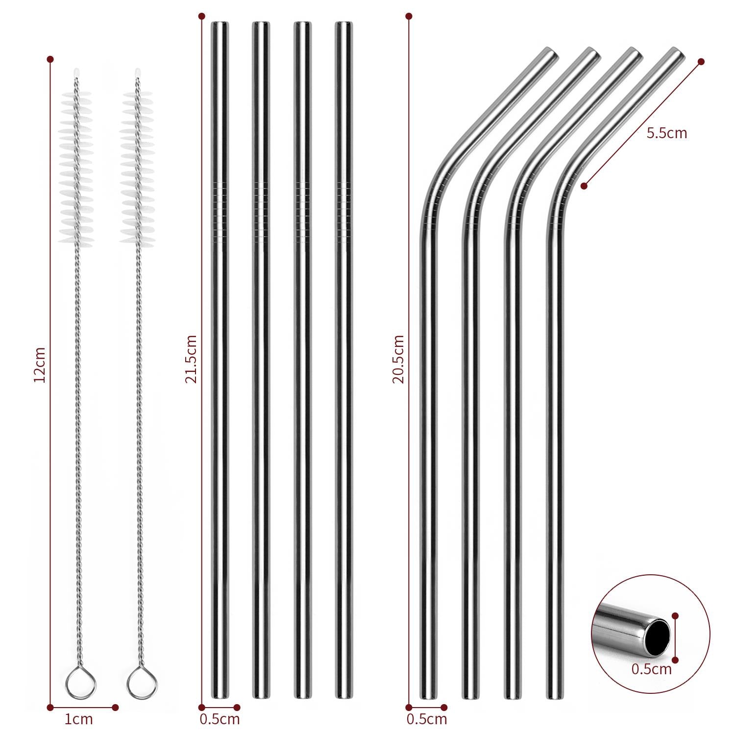 Vinsani Stainless Steel Drinking Straws, Smooth Finish, Rounded End, Suitable for Kids and Adults
