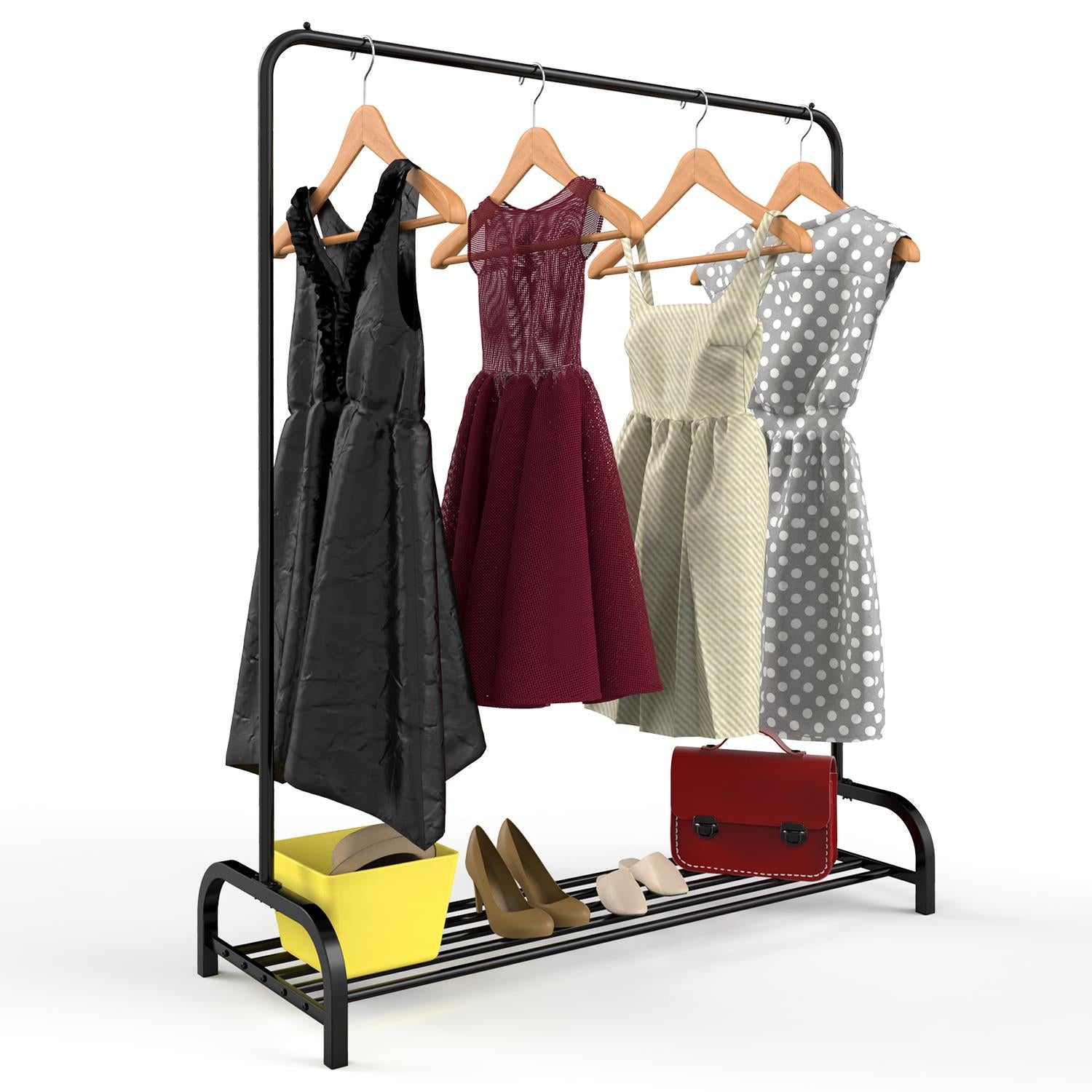 Vinsani Black Free-Standing Clothes Rail and Shoe Rack with Side Stoppers