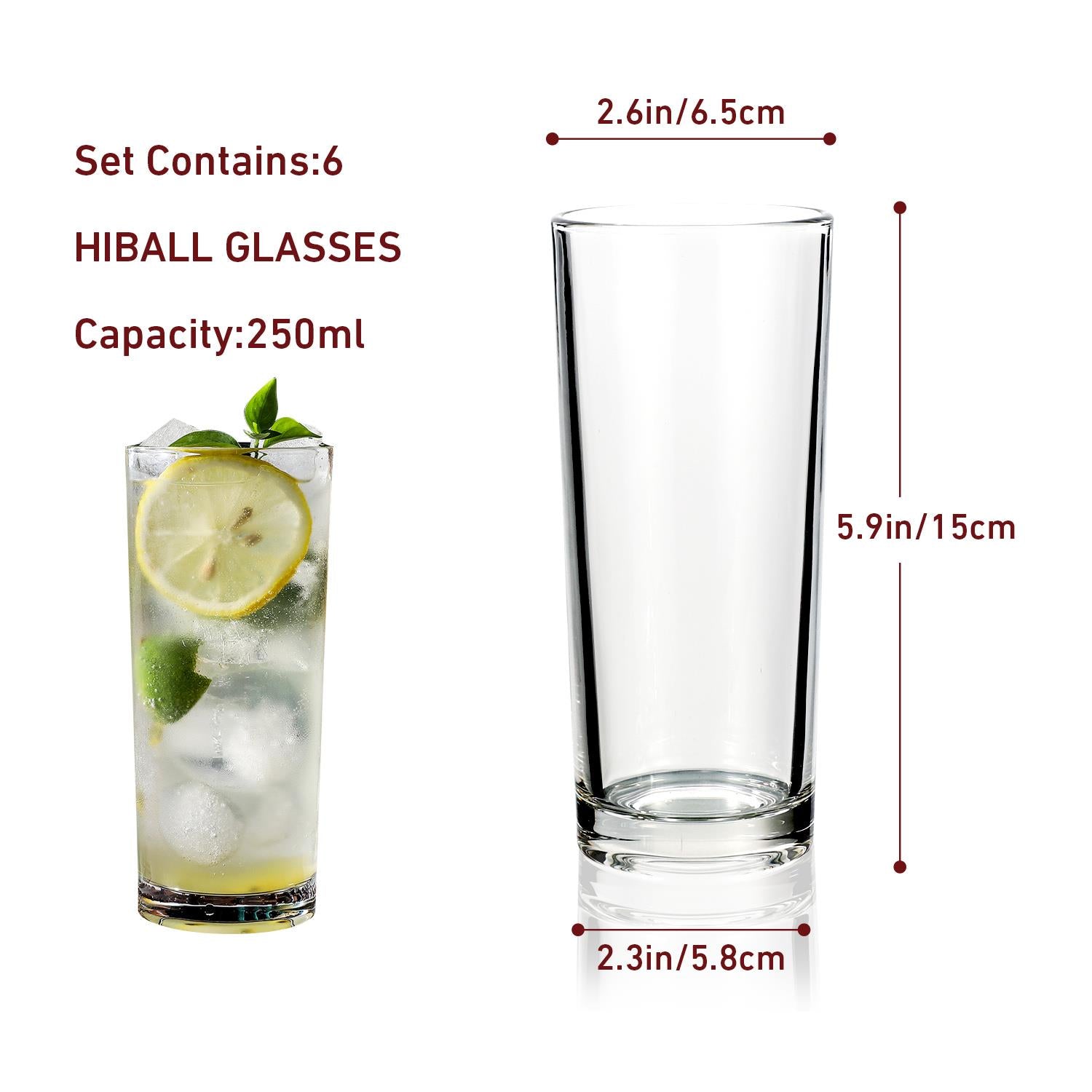 Vinsani Set of 6 HiBall Glasses, 250ml Long Drink Glasses, Dishwasher Safe