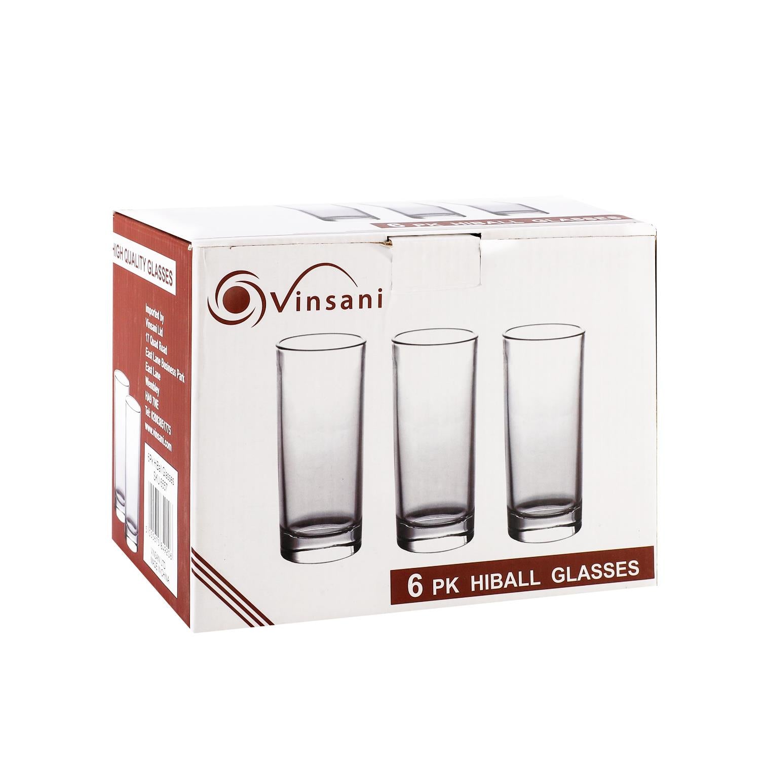 Vinsani Set of 6 HiBall Glasses, 250ml Long Drink Glasses, Dishwasher Safe