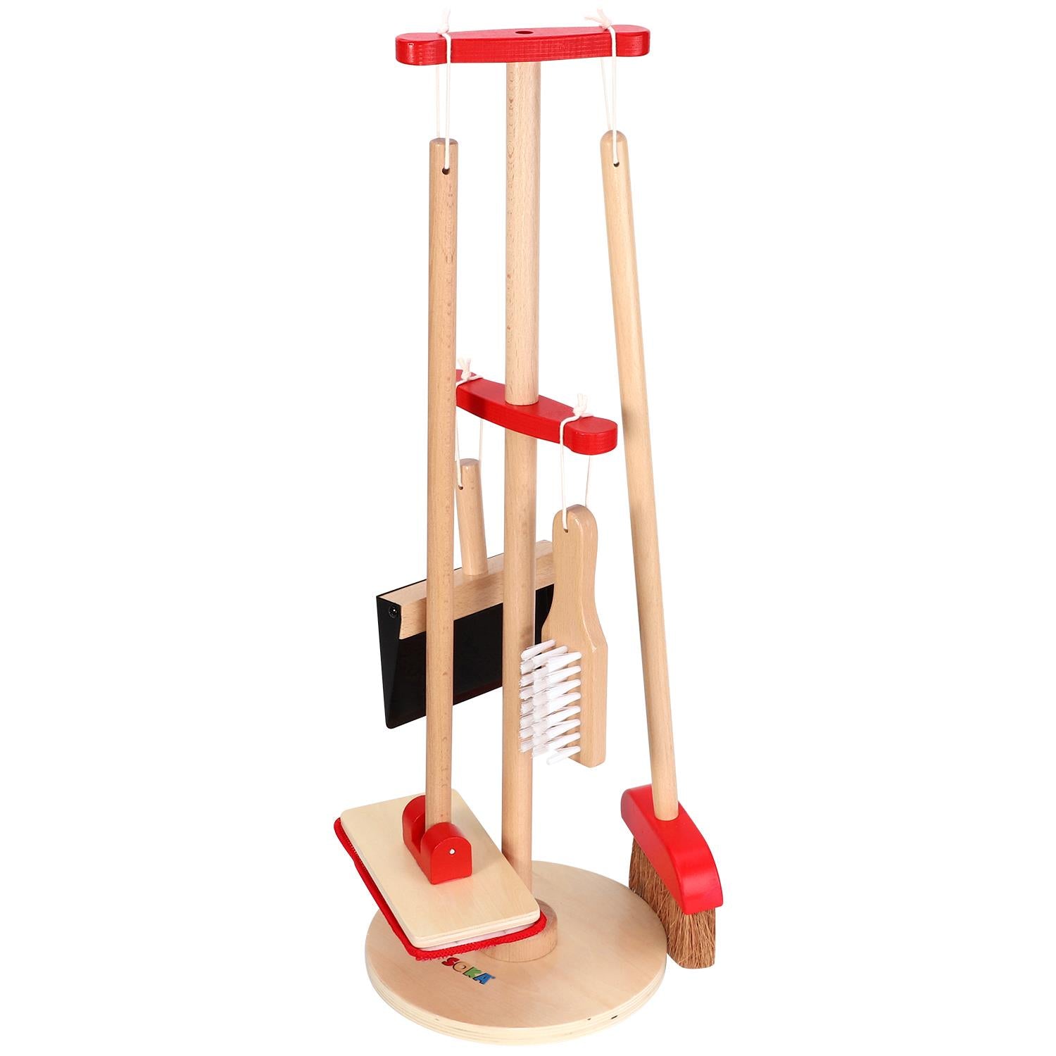 Lelin Wooden Kids Cleaning Play Set with Broom, Mop, Dustpan & Stand