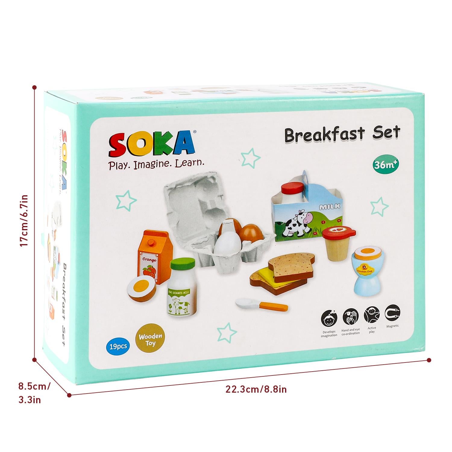 SOKA Wooden Breakfast Play Set for Dolls, Pretend Food Toy with Eggs, Milk, Juice, Toast, Jam and Cheese