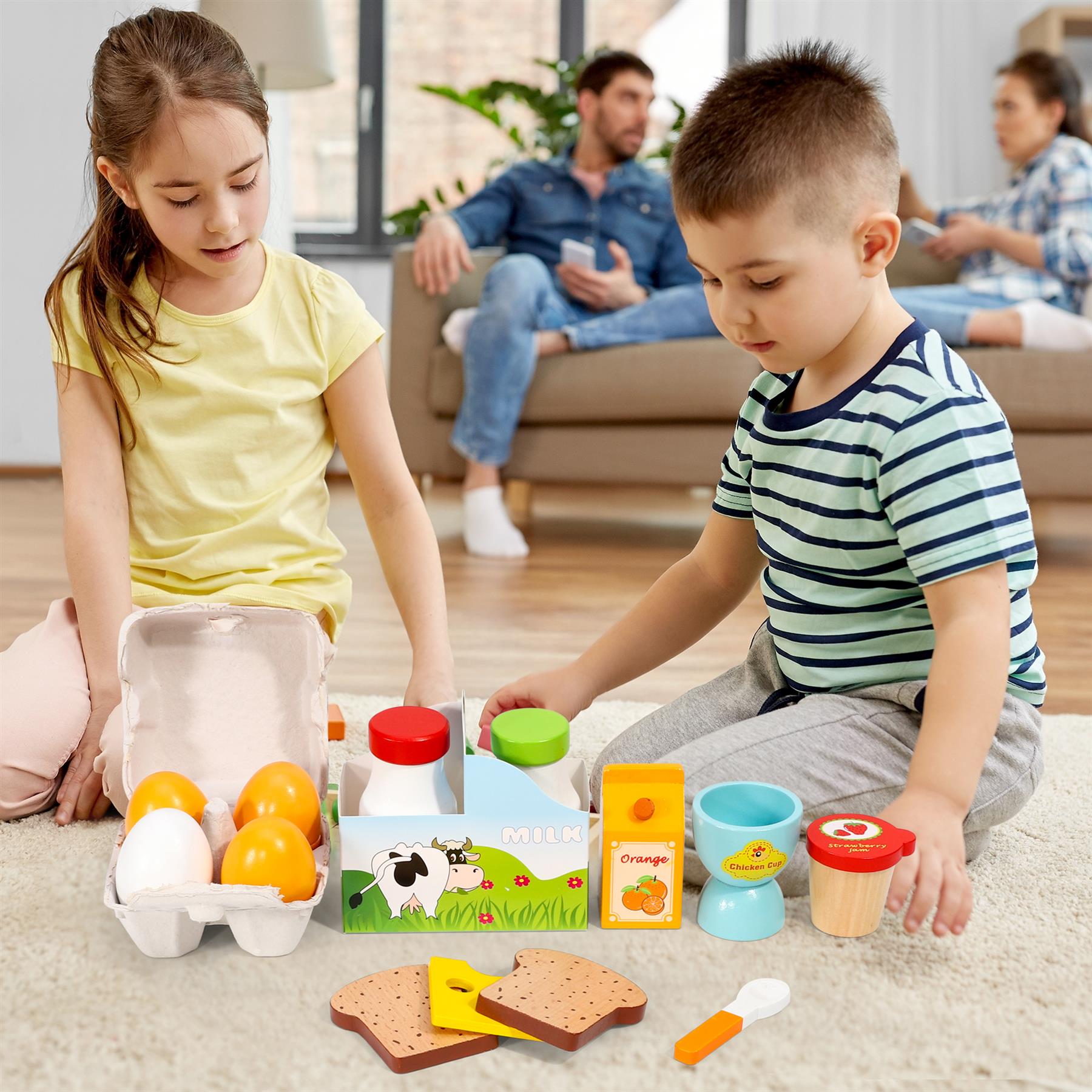 SOKA Wooden Breakfast Play Set for Dolls, Pretend Food Toy with Eggs, Milk, Juice, Toast, Jam and Cheese