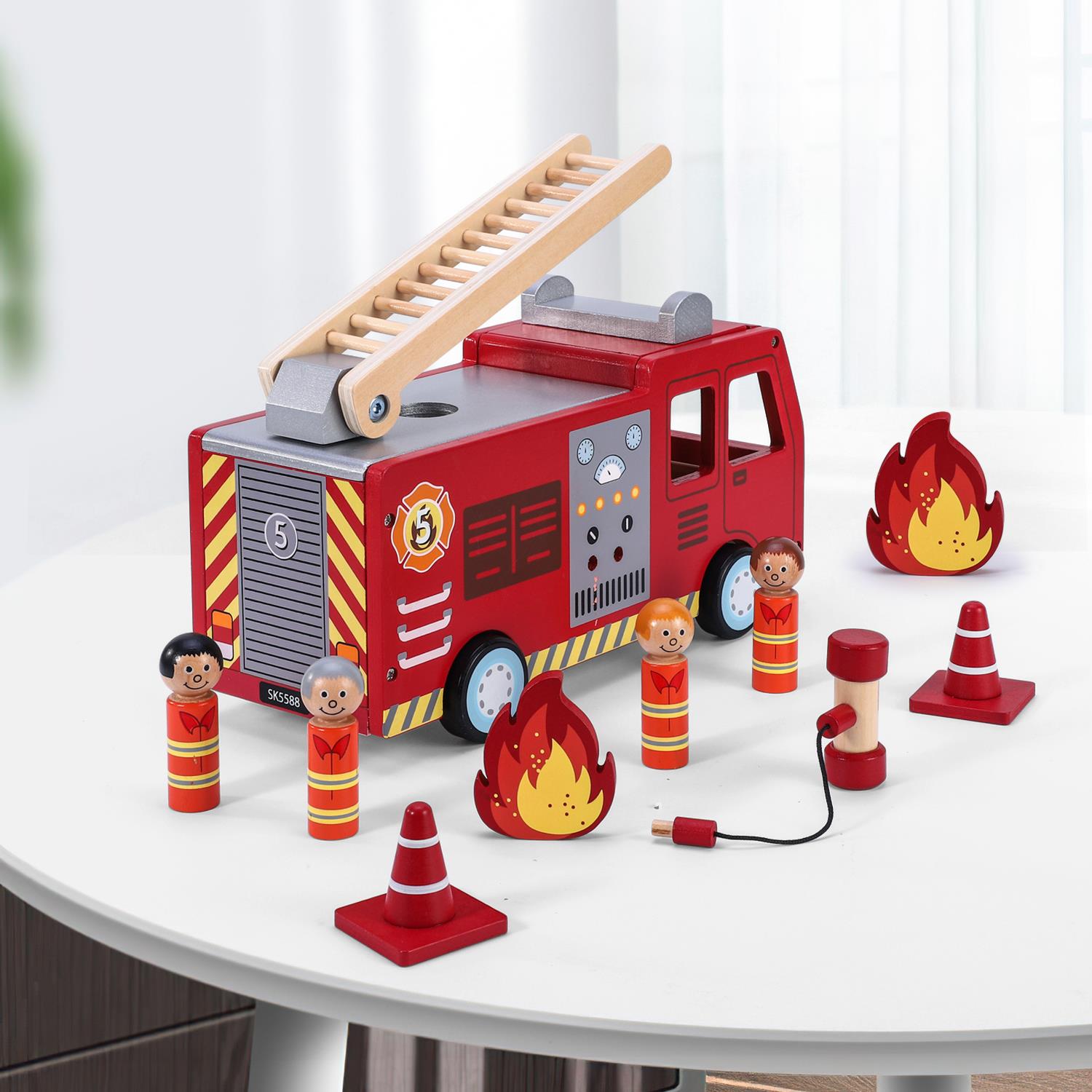 SOKA Wooden Fire Engine Truck Playset with 4 Firefighters