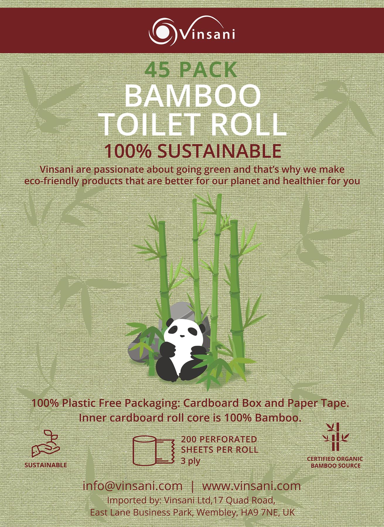 Vinsani Bamboo Toilet Rolls 45 Pack, 3-Ply, 200 Sheets Per Roll, Eco-Friendly