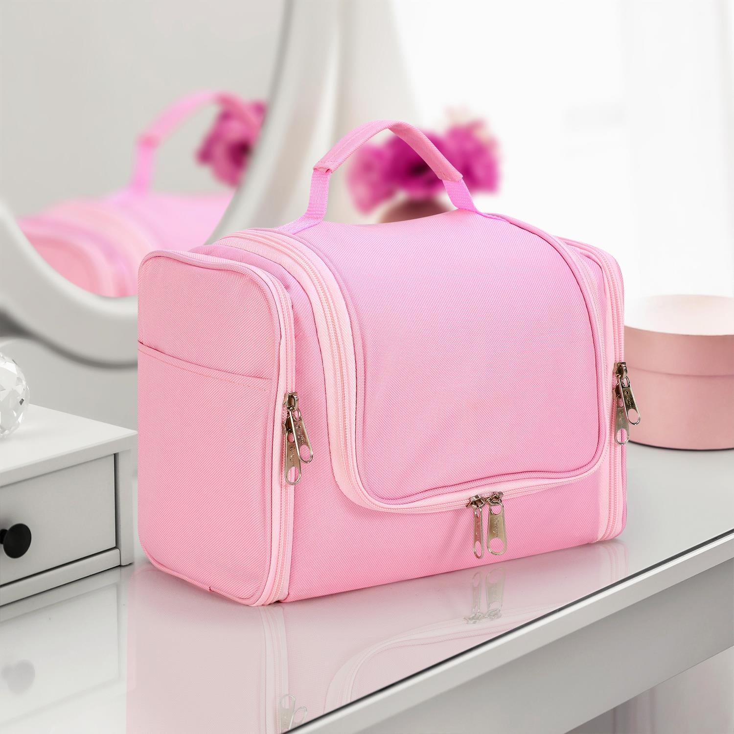 Vinsani Pink Travel Toiletry Wash Bag with Hook and Compartments