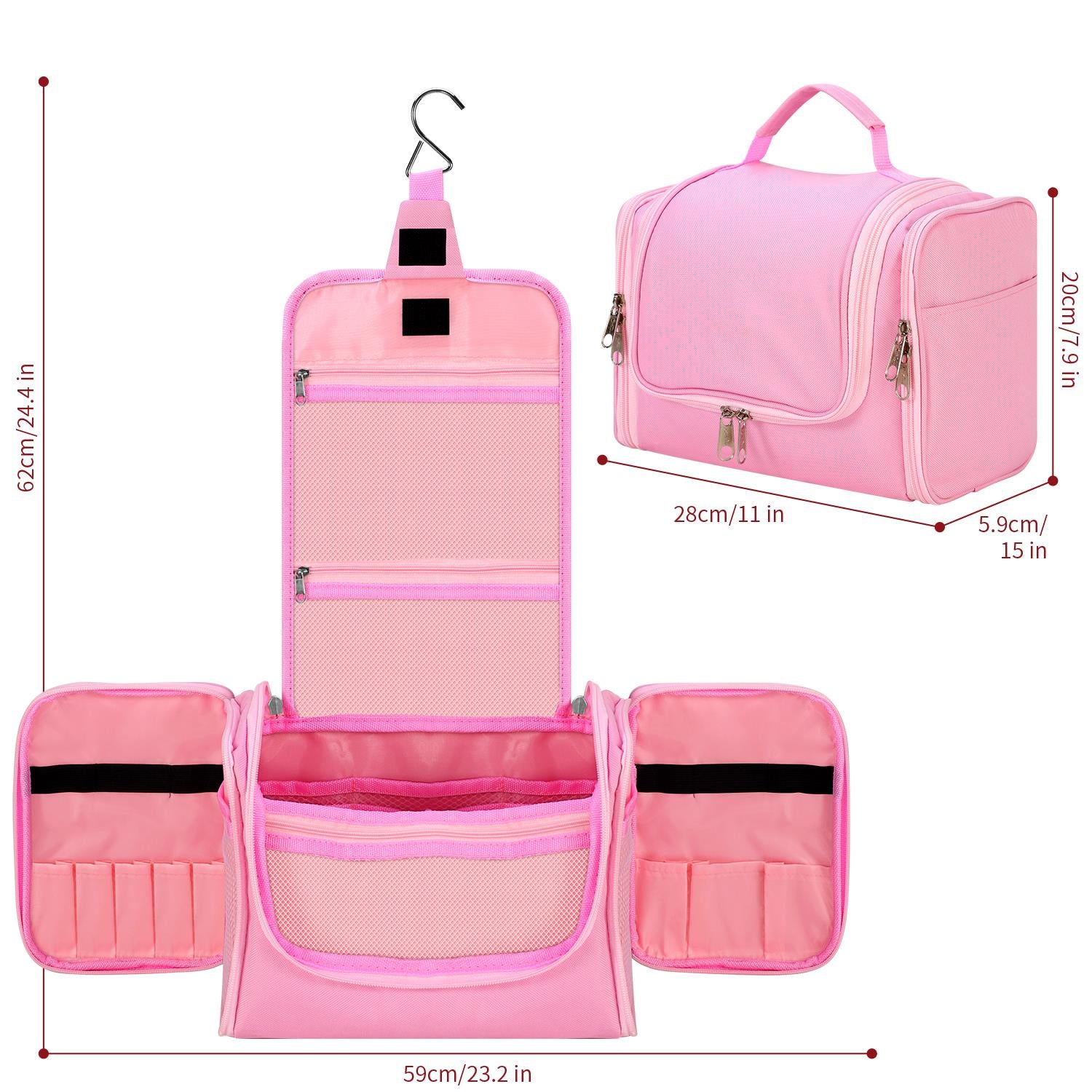 Vinsani Pink Travel Toiletry Wash Bag with Hook and Compartments