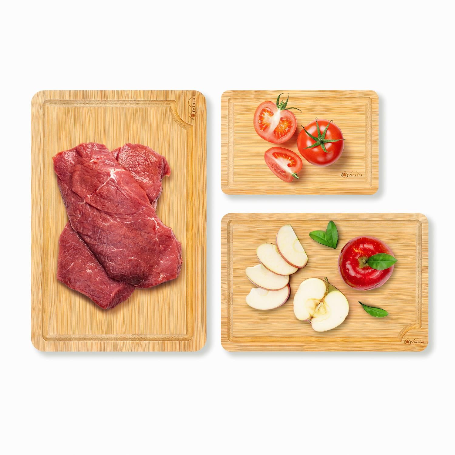 Vinsani 3 Piece Bamboo Chopping Board Set with Drip Grooves and Side Handle