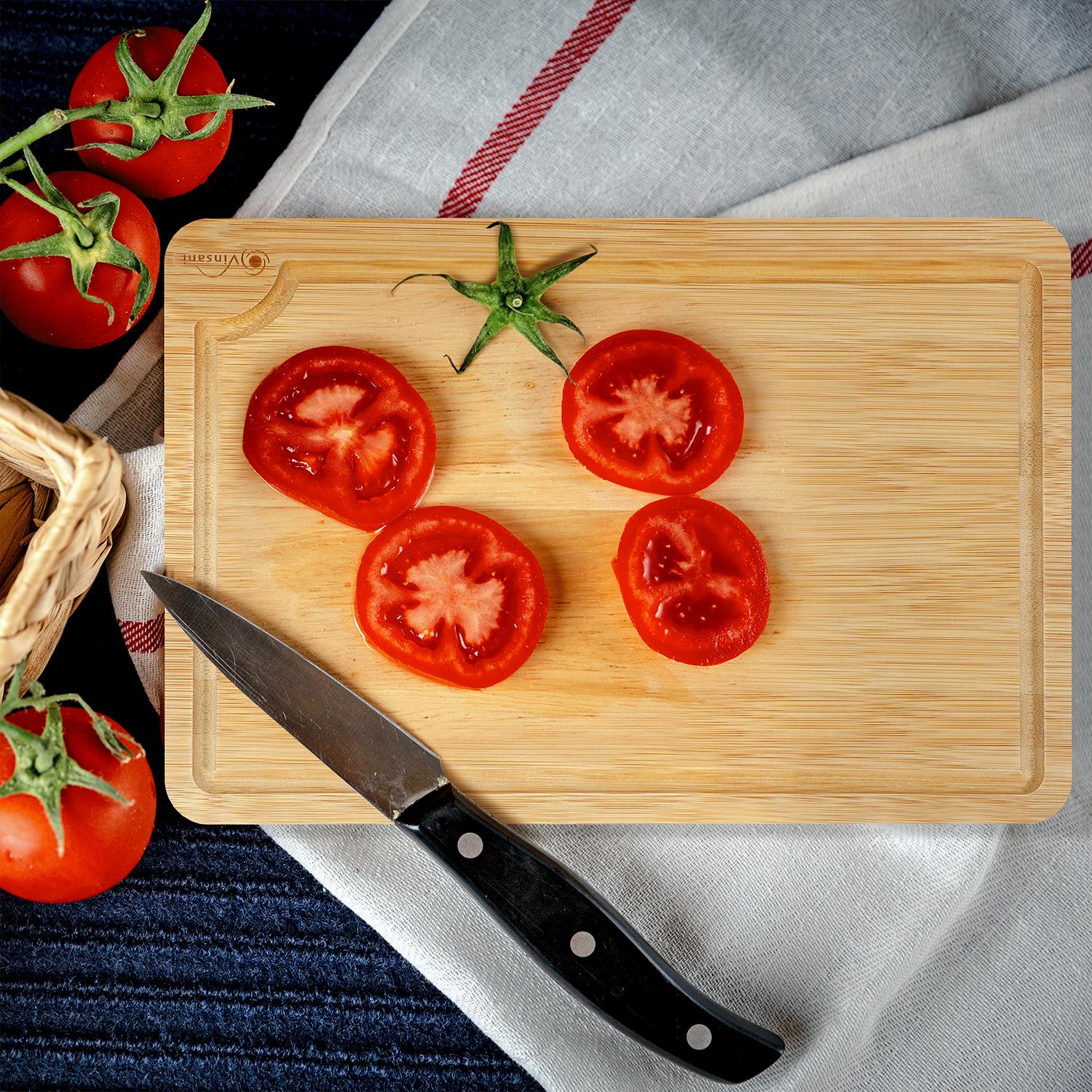 Vinsani 3 Piece Bamboo Chopping Board Set with Drip Grooves and Side Handle