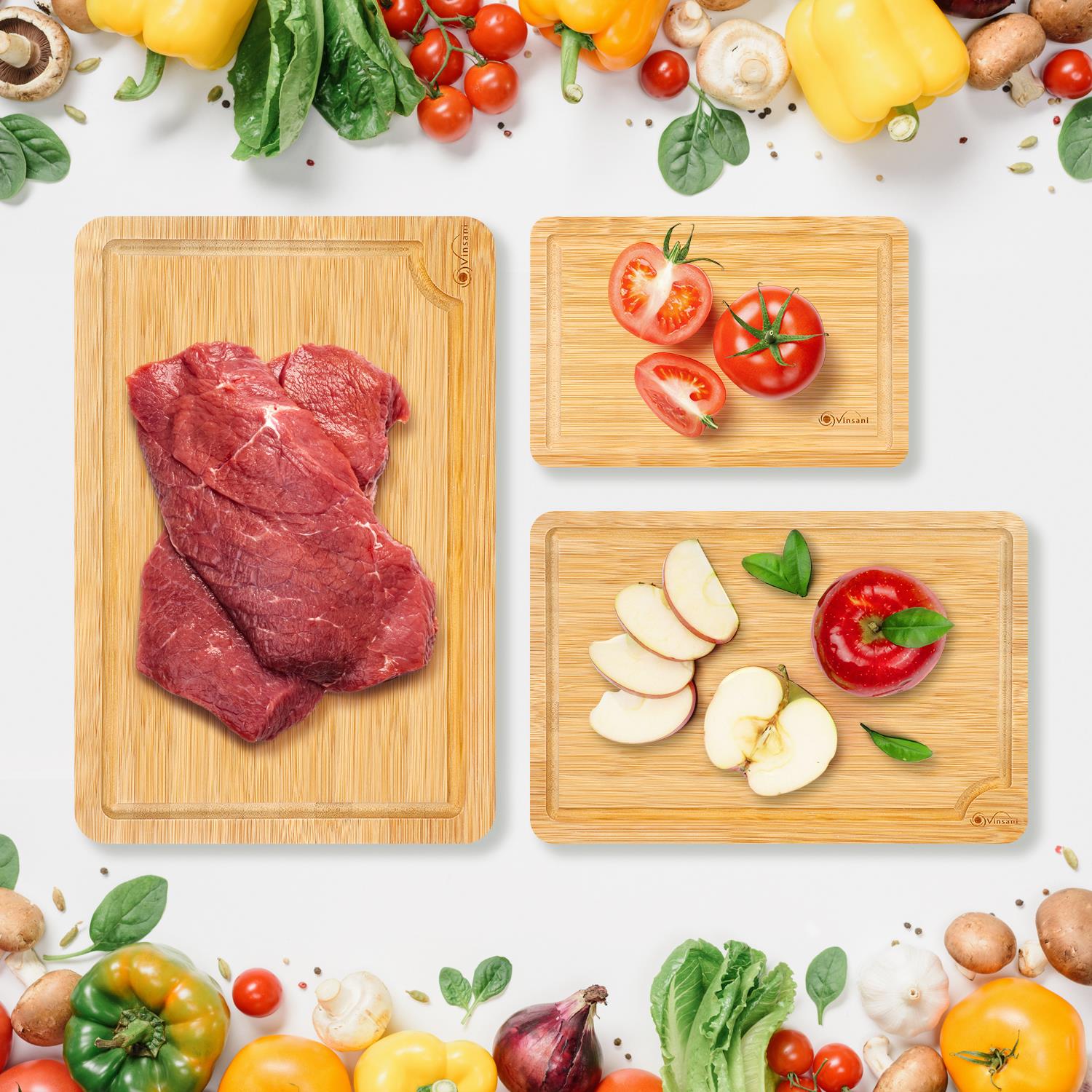 Vinsani 3 Piece Bamboo Chopping Board Set with Drip Grooves and Side Handle