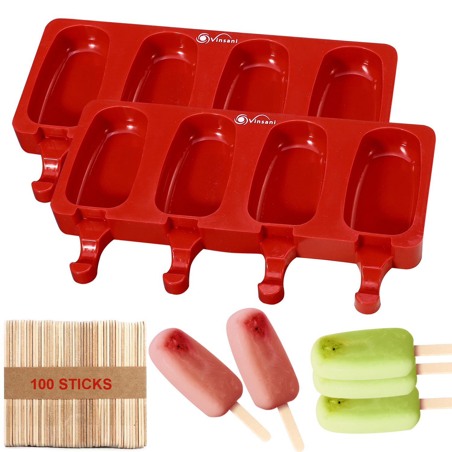 Vinsani 4-Cavity Silicone Ice Lolly Maker with 100 Wooden Sticks