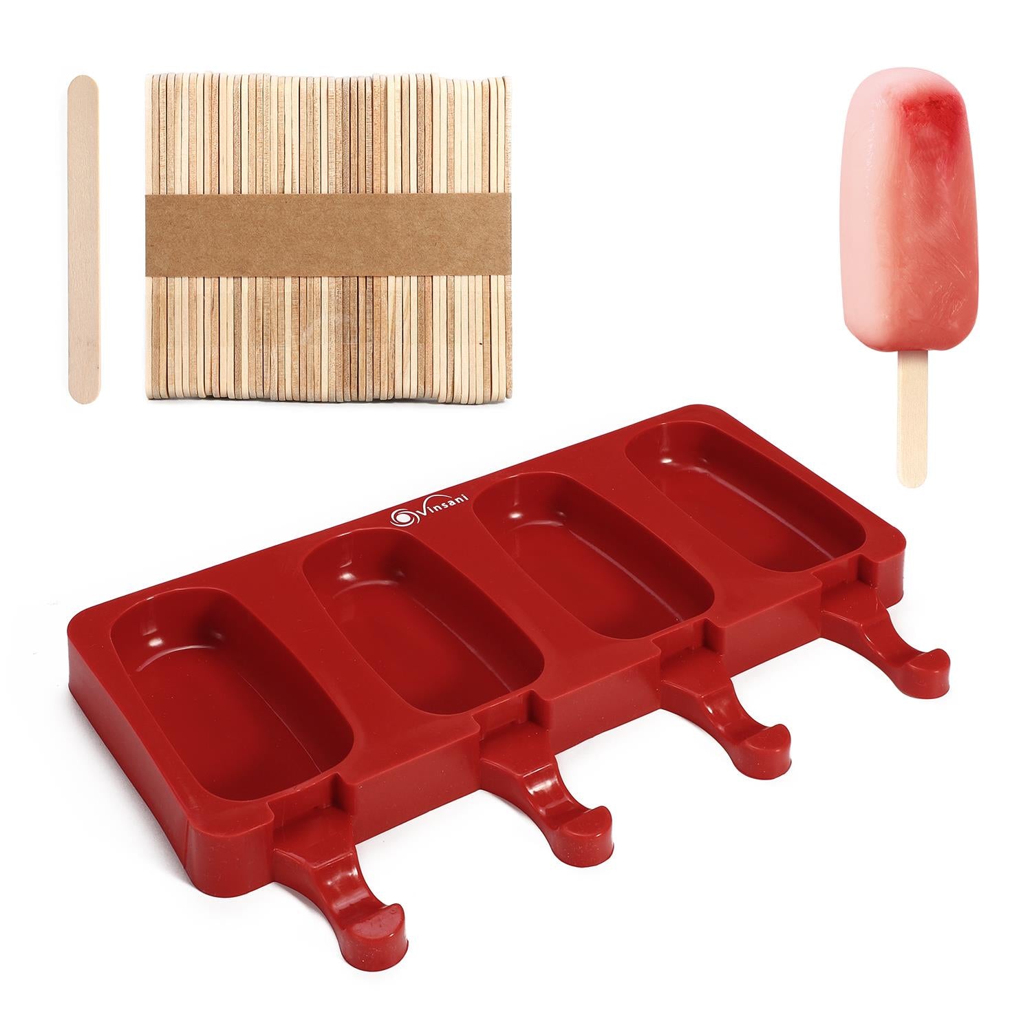 Vinsani 4-Cavity Silicone Ice Lolly Maker with 100 Wooden Sticks