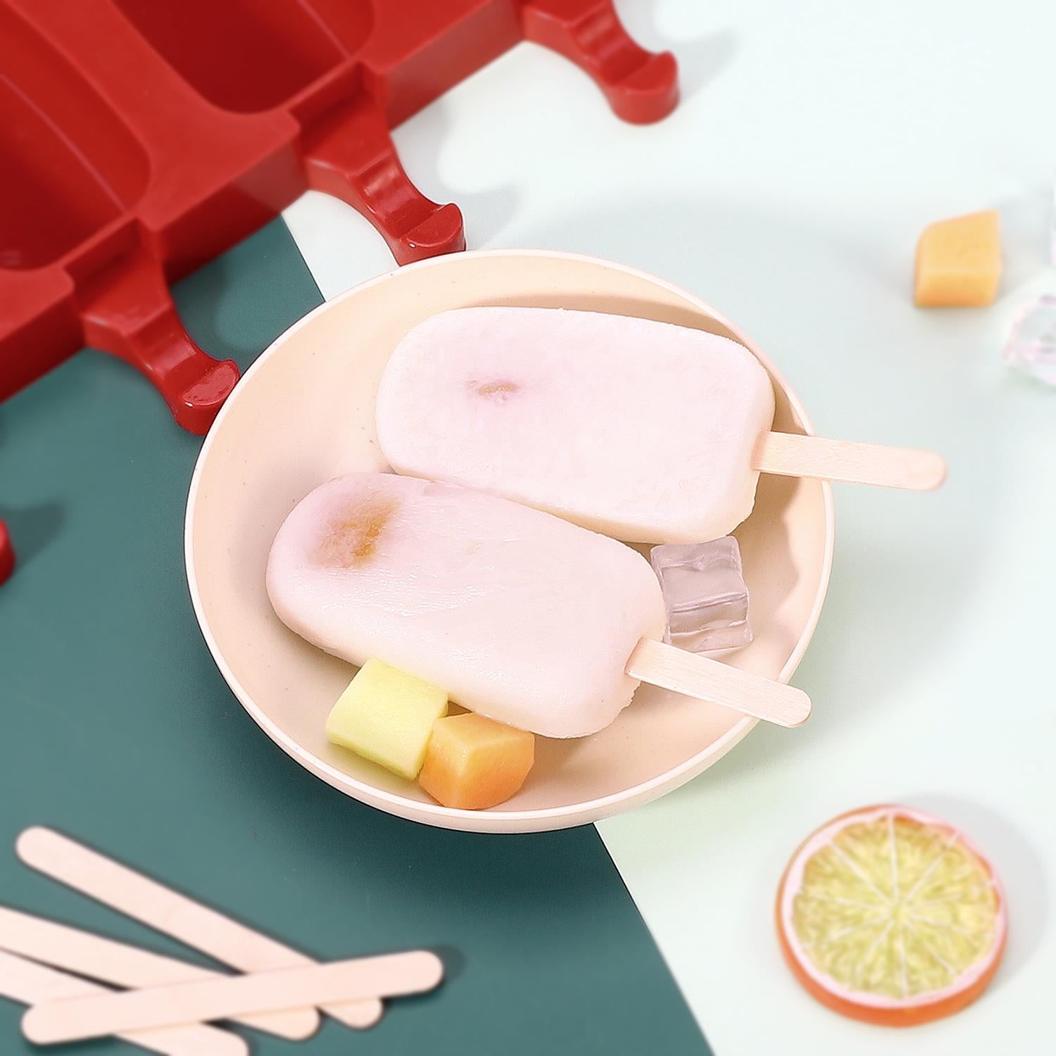 Vinsani 4-Cavity Silicone Ice Lolly Maker with 100 Wooden Sticks