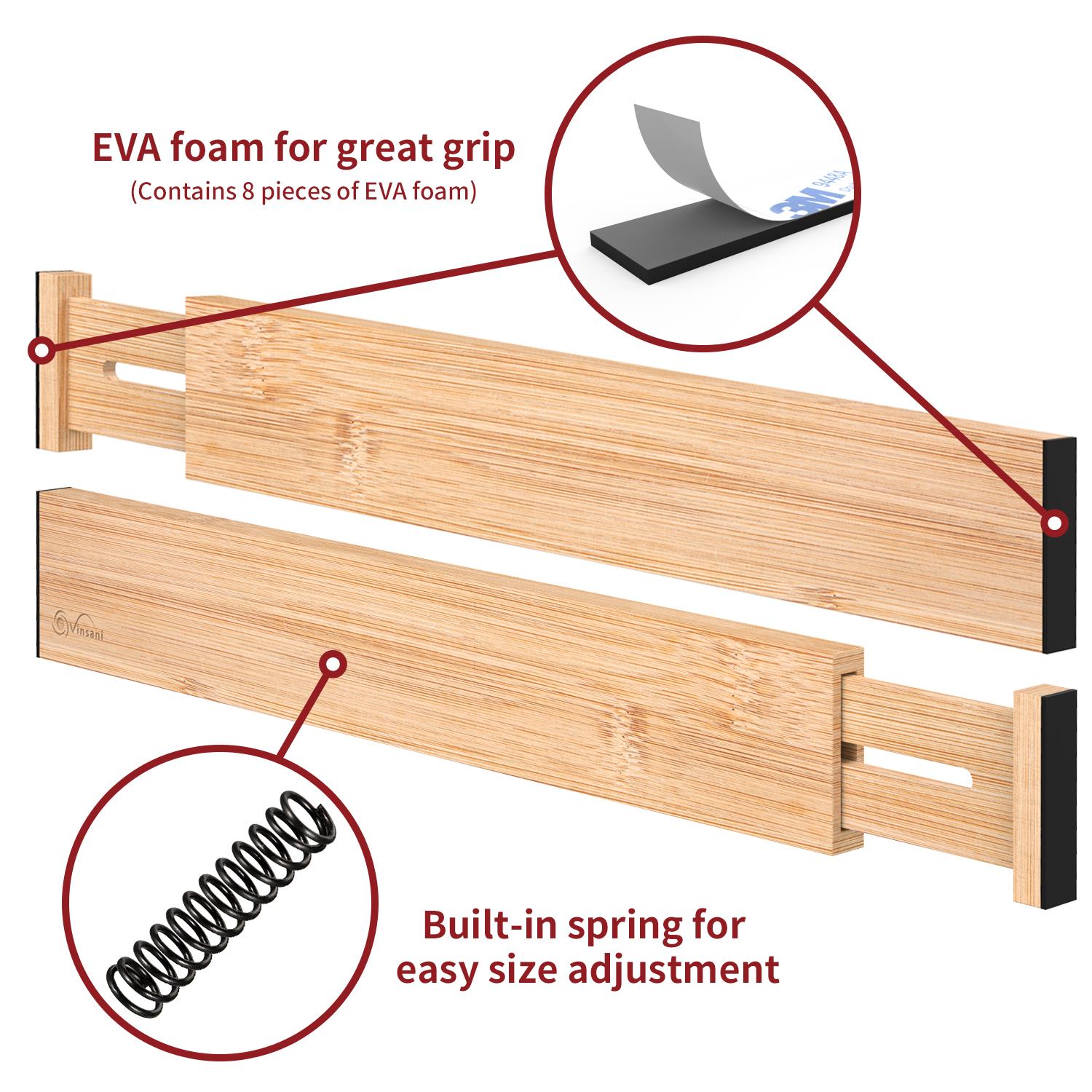 Vinsani Bamboo Adjustable Drawer Dividers, Expandable 42-56 cm, Spring-Loaded Drawer Organisers with Foam Pads, for Kitchen, Bathroom, Bedroom and Dresser Drawers