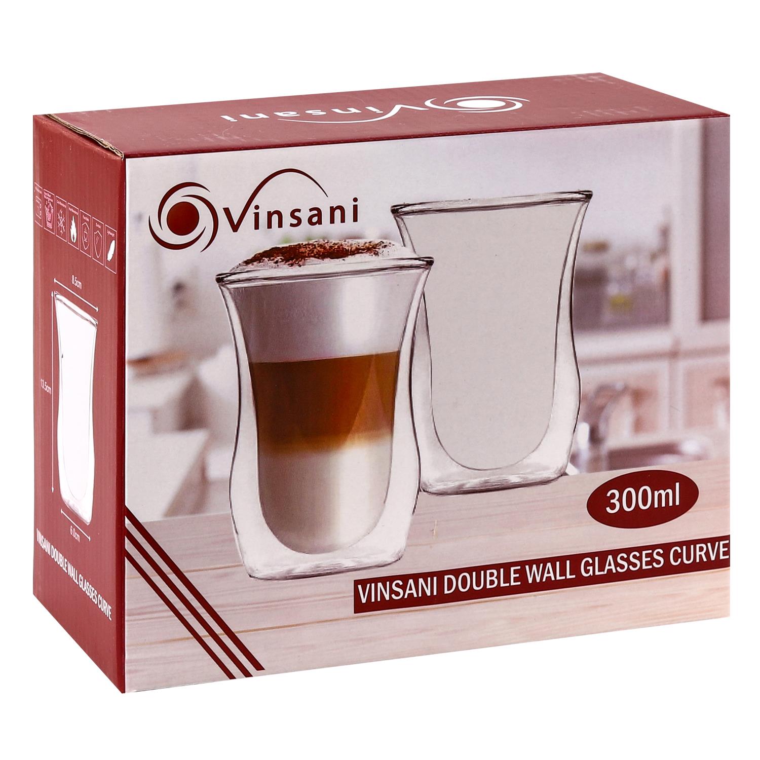 Vinsani Curve Double Walled Glasses Set of 2, 300ml Transparent Borosilicate Glass Cups for Hot and Cold Drinks