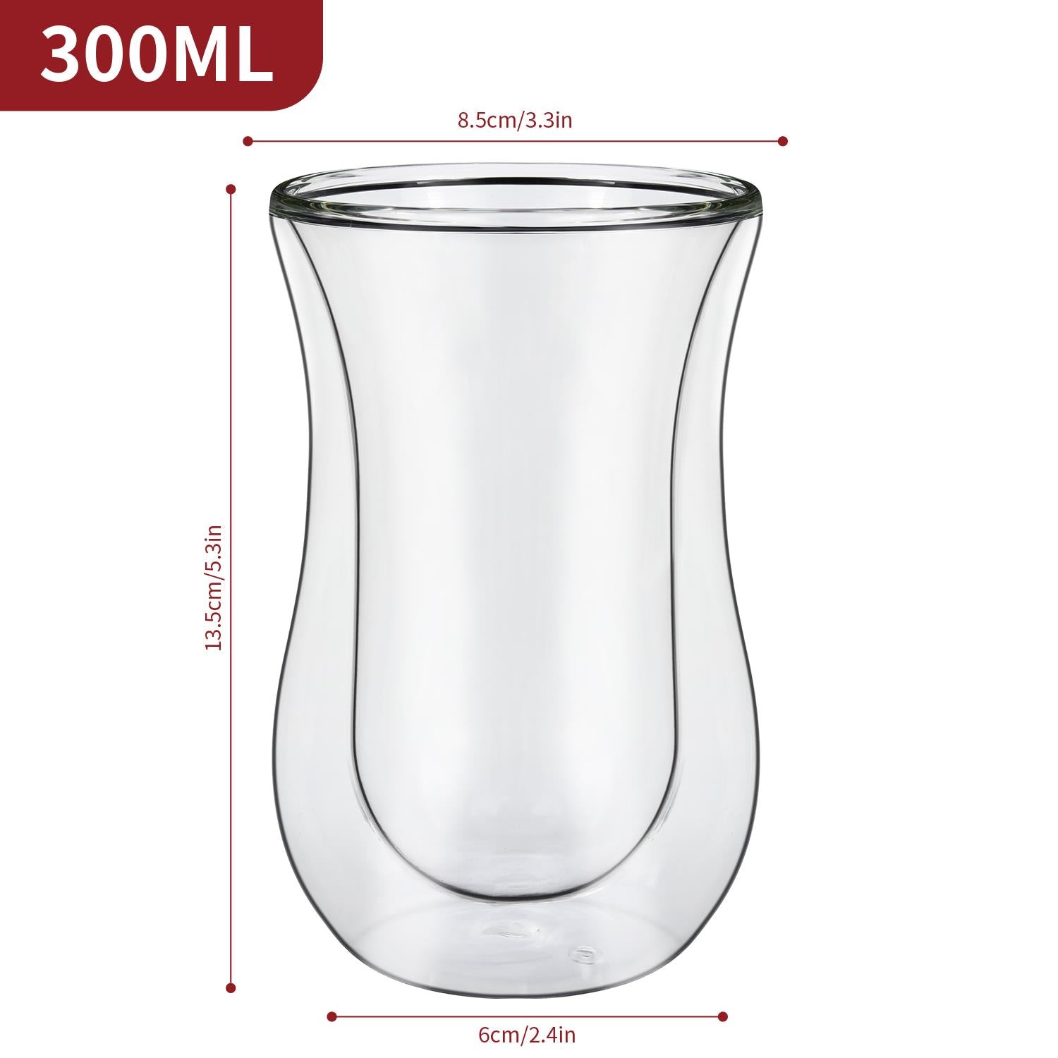 Vinsani Curve Double Walled Glasses Set of 2, 300ml Transparent Borosilicate Glass Cups for Hot and Cold Drinks