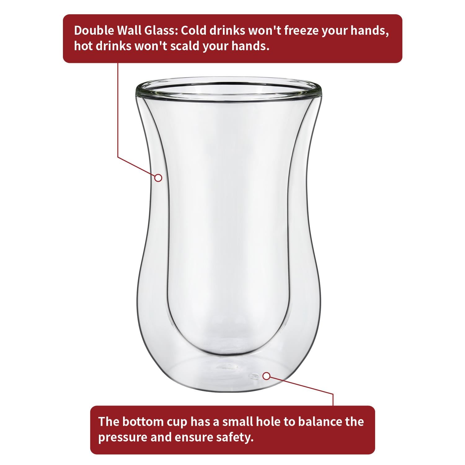 Vinsani Curve Double Walled Glasses Set of 2, 300ml Transparent Borosilicate Glass Cups for Hot and Cold Drinks