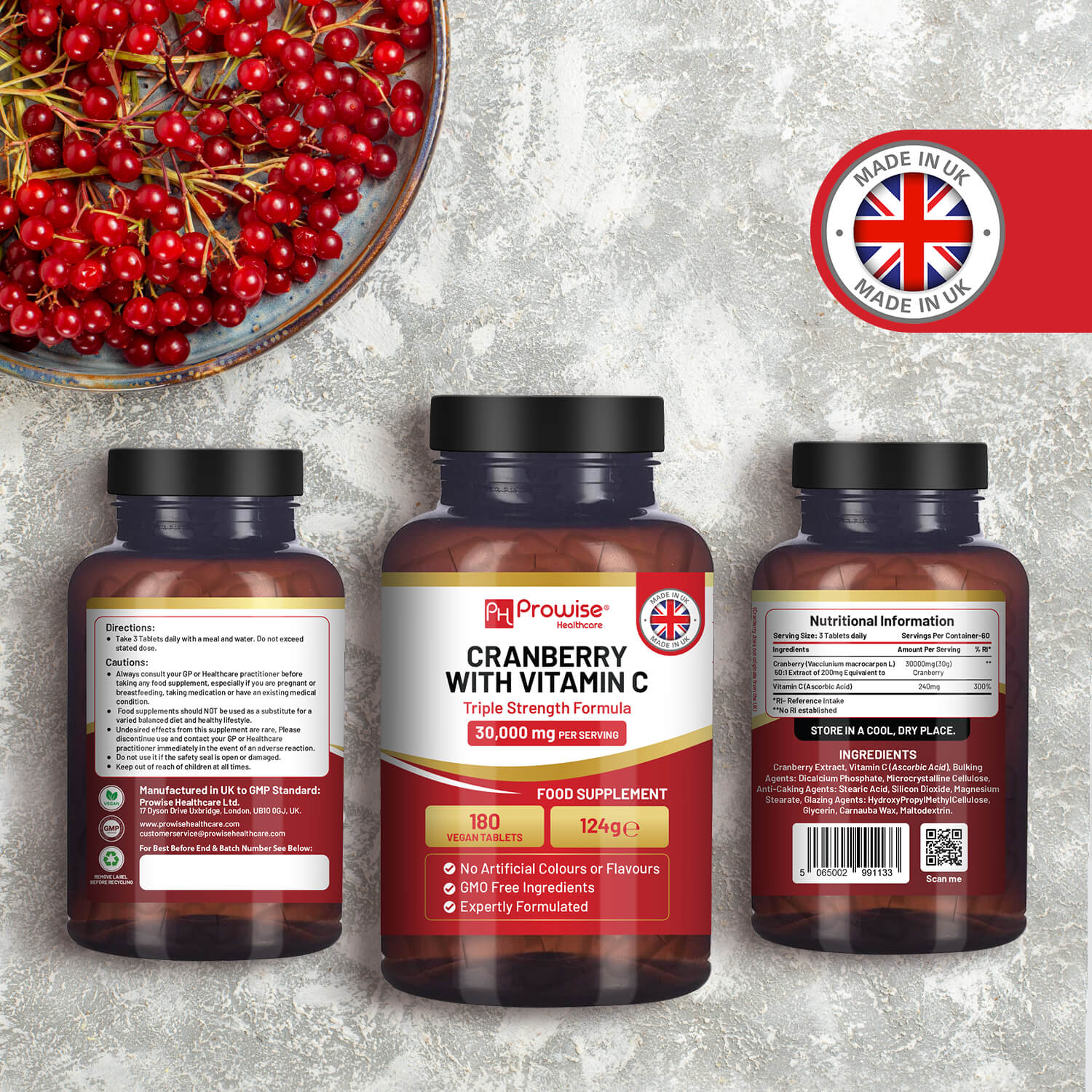 Prowise Triple Strength Cranberry 30,000mg + Vitamin C Vegan Tablets