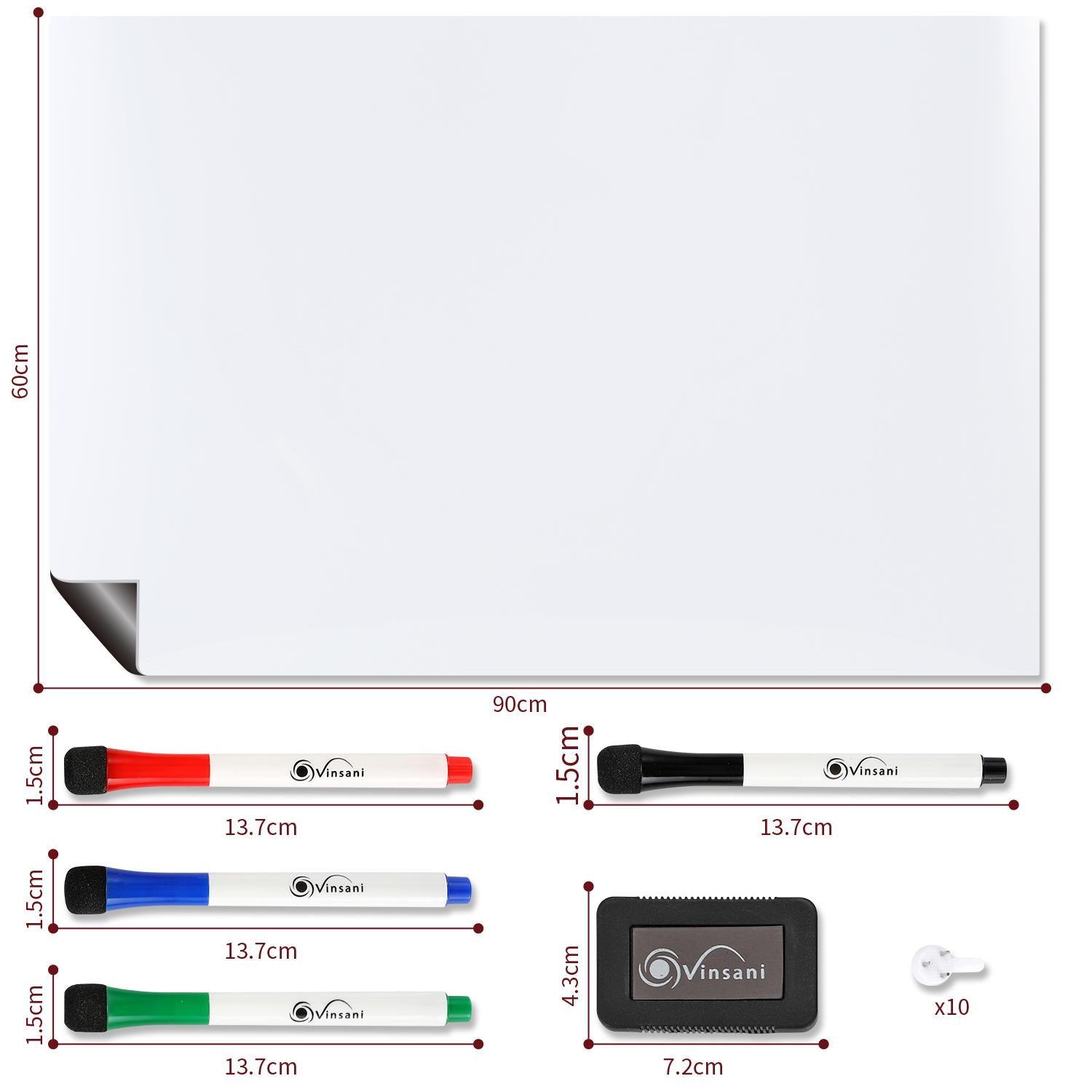 Vinsani 60 x 90cm Magnetic Whiteboard with Pens and Eraser