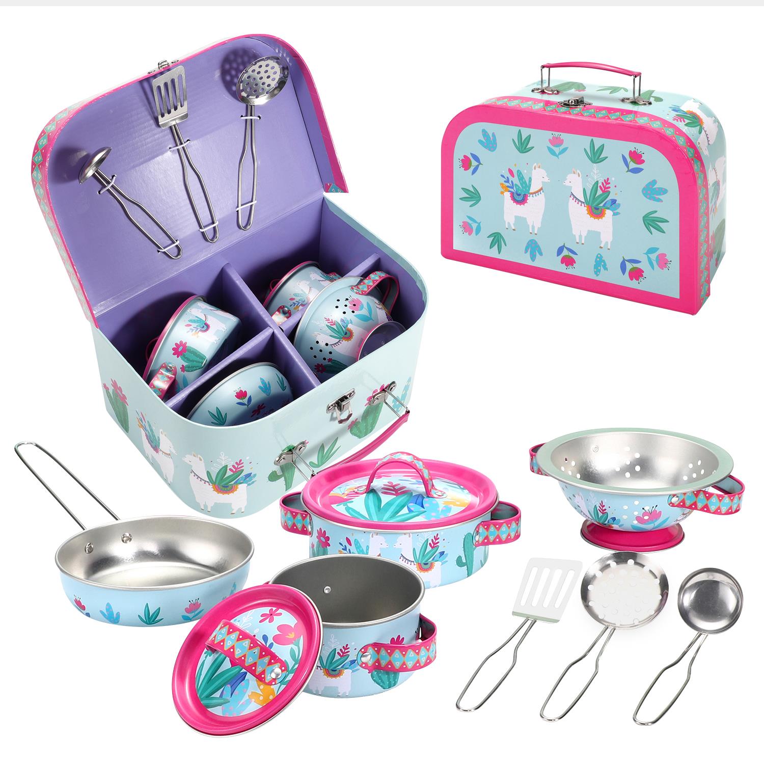SOKA Play Imagine Learn 10 Piece Kids Kitchenware Set with Llama Illustrations and Carry Case