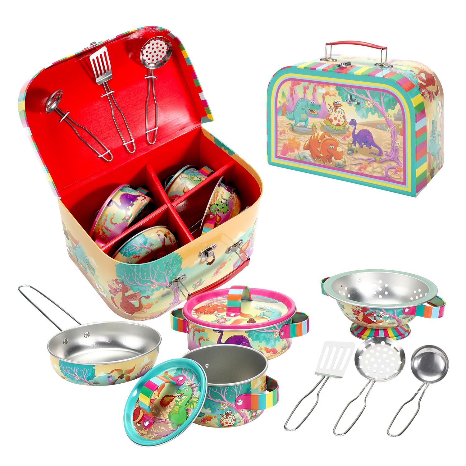 SOKA 10-Piece Dinosaur Kids Kitchenware Play Set with Carry Case