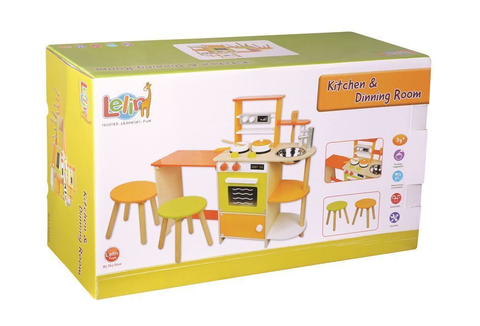 Lelin Country Style Wooden Cottage Play Kitchen with Sink, Oven, Hob, Cupboard, Shelves, Table and 2 Stools
