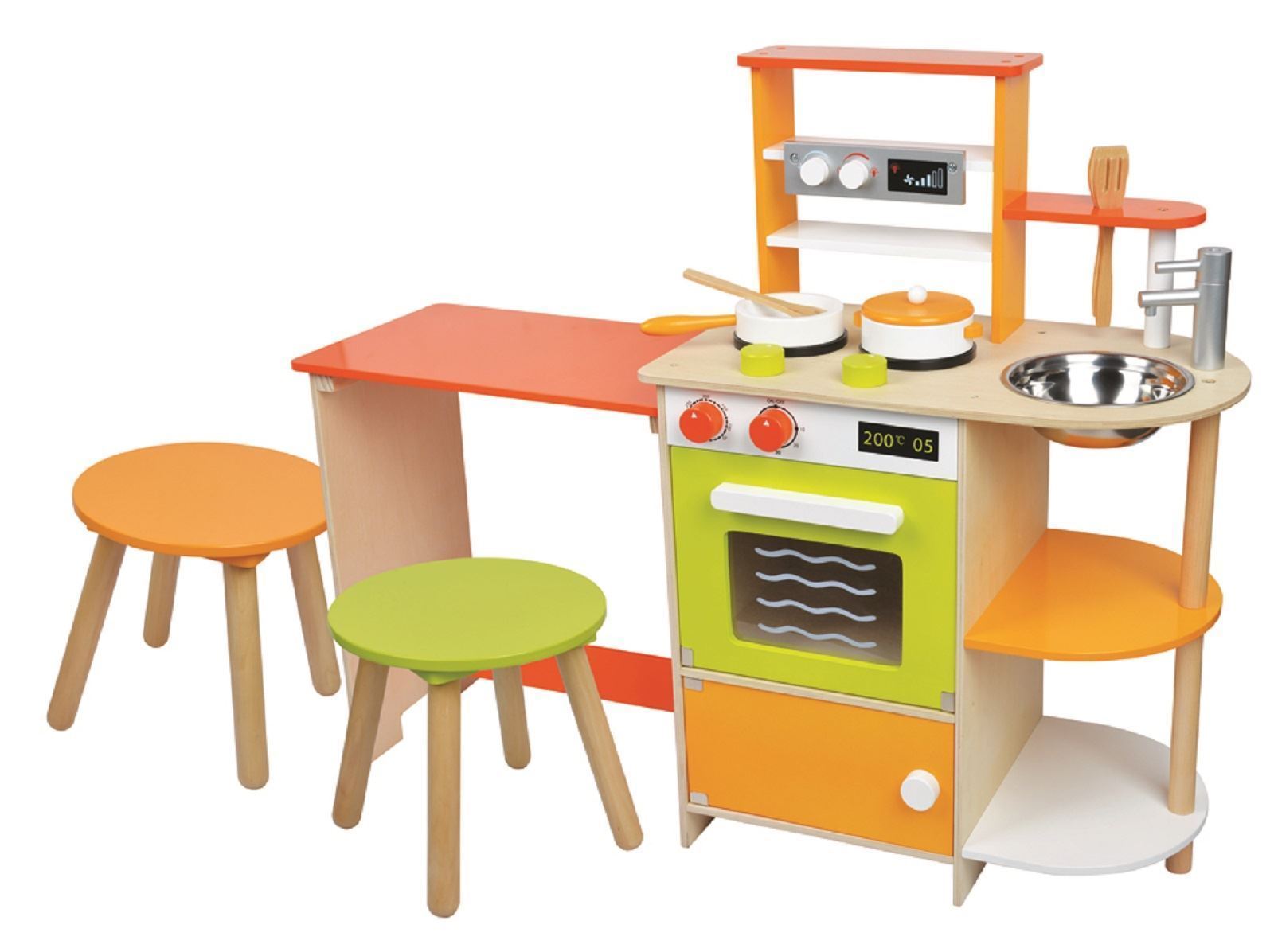 Lelin Country Style Wooden Cottage Play Kitchen with Sink, Oven, Hob, Cupboard, Shelves, Table and 2 Stools