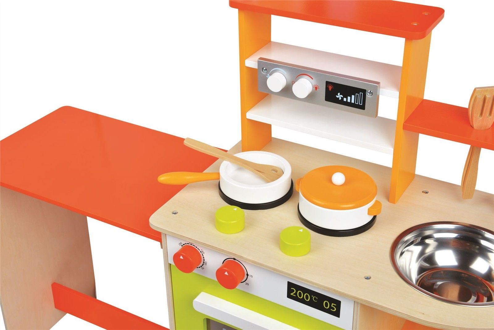 Lelin Country Style Wooden Cottage Play Kitchen with Sink, Oven, Hob, Cupboard, Shelves, Table and 2 Stools