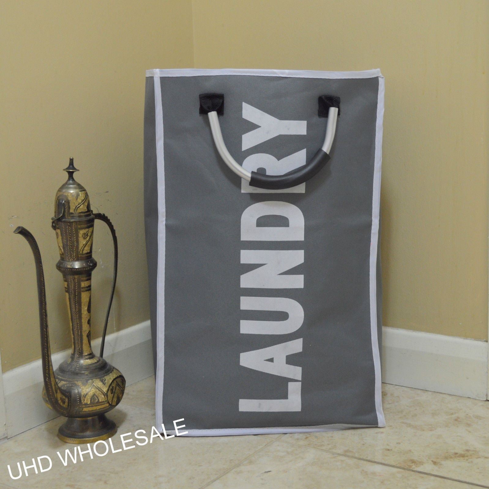 Single Laundry Bag with Metal Handles, Dark Grey