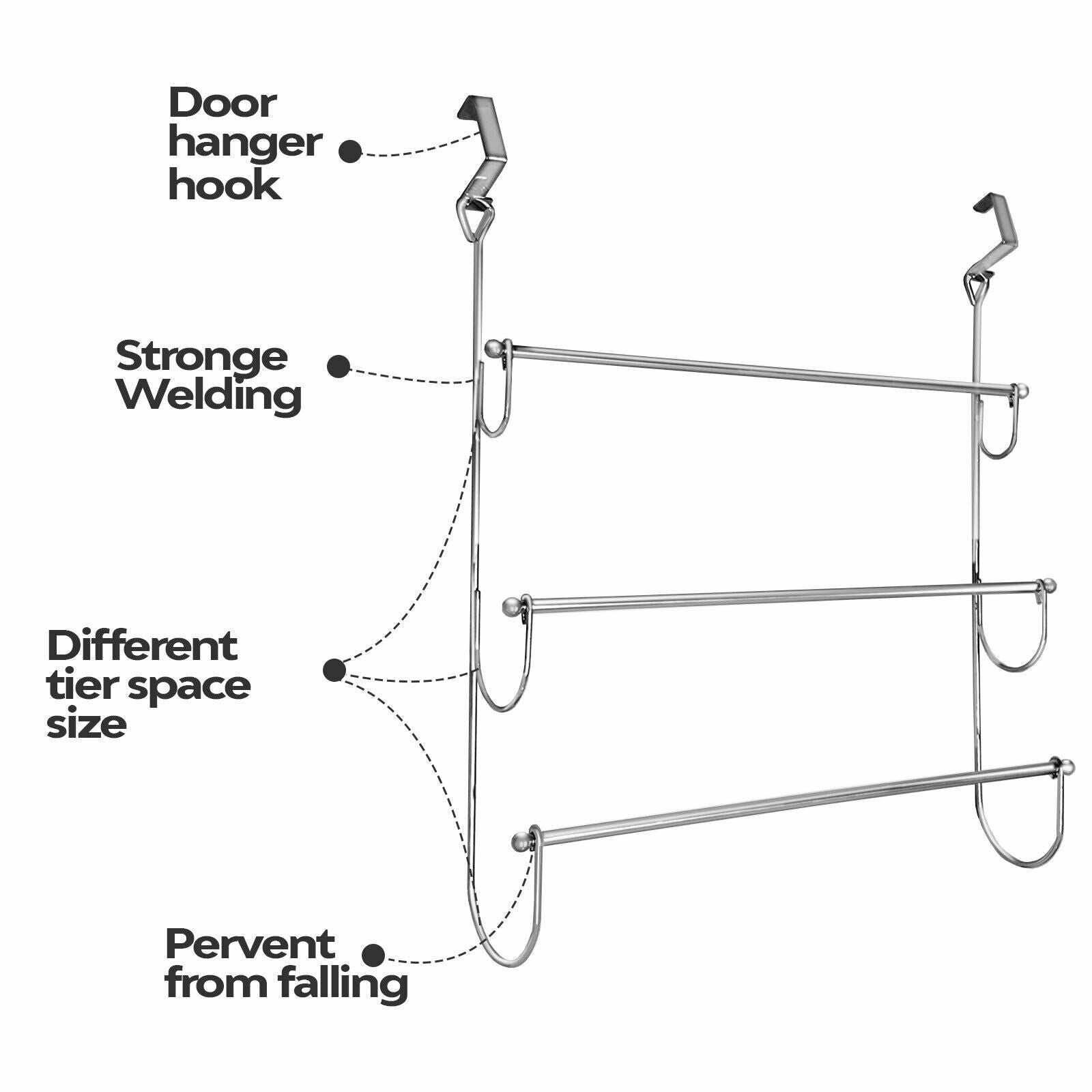 3-Tier Over-The-Door Towel Rail Hanger, Stainless Steel, Chrome Finish
