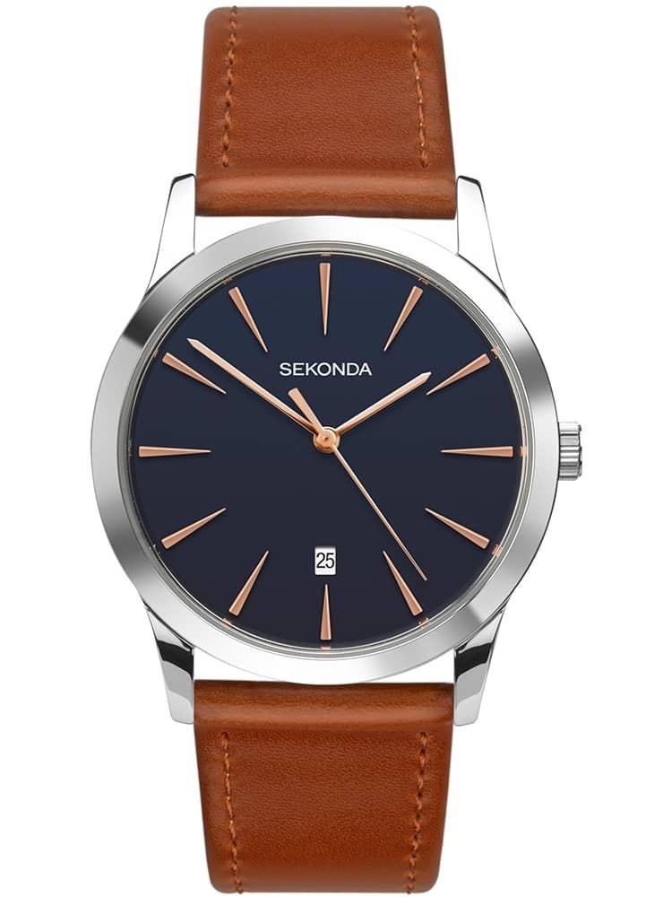 Sekonda 1559 Men's Silver Case Blue Dial Leather Strap Date Watch