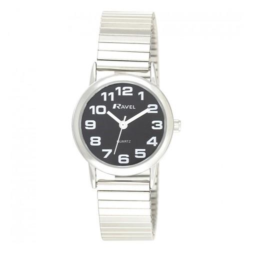 Ravel Ladies Chrome Small Case Black Arabic Dial Watch