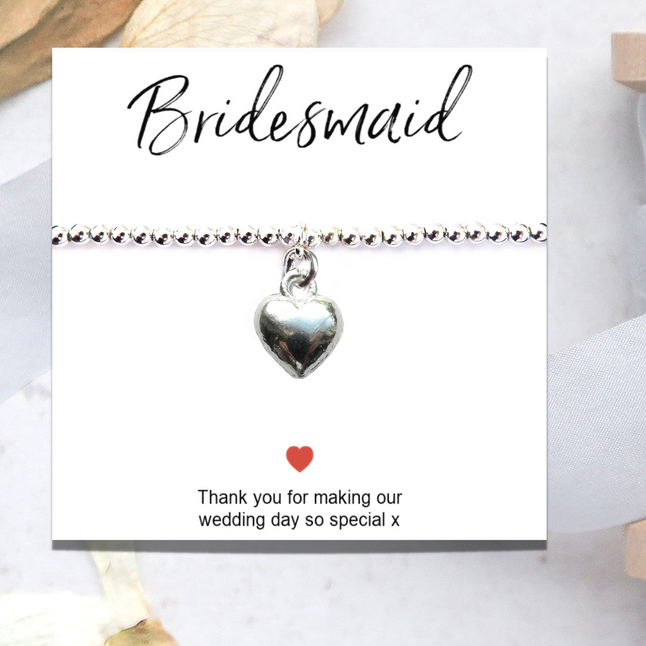 Bridesmaid Silver Plated Heart Bracelet with Thank You Card and Gift Box