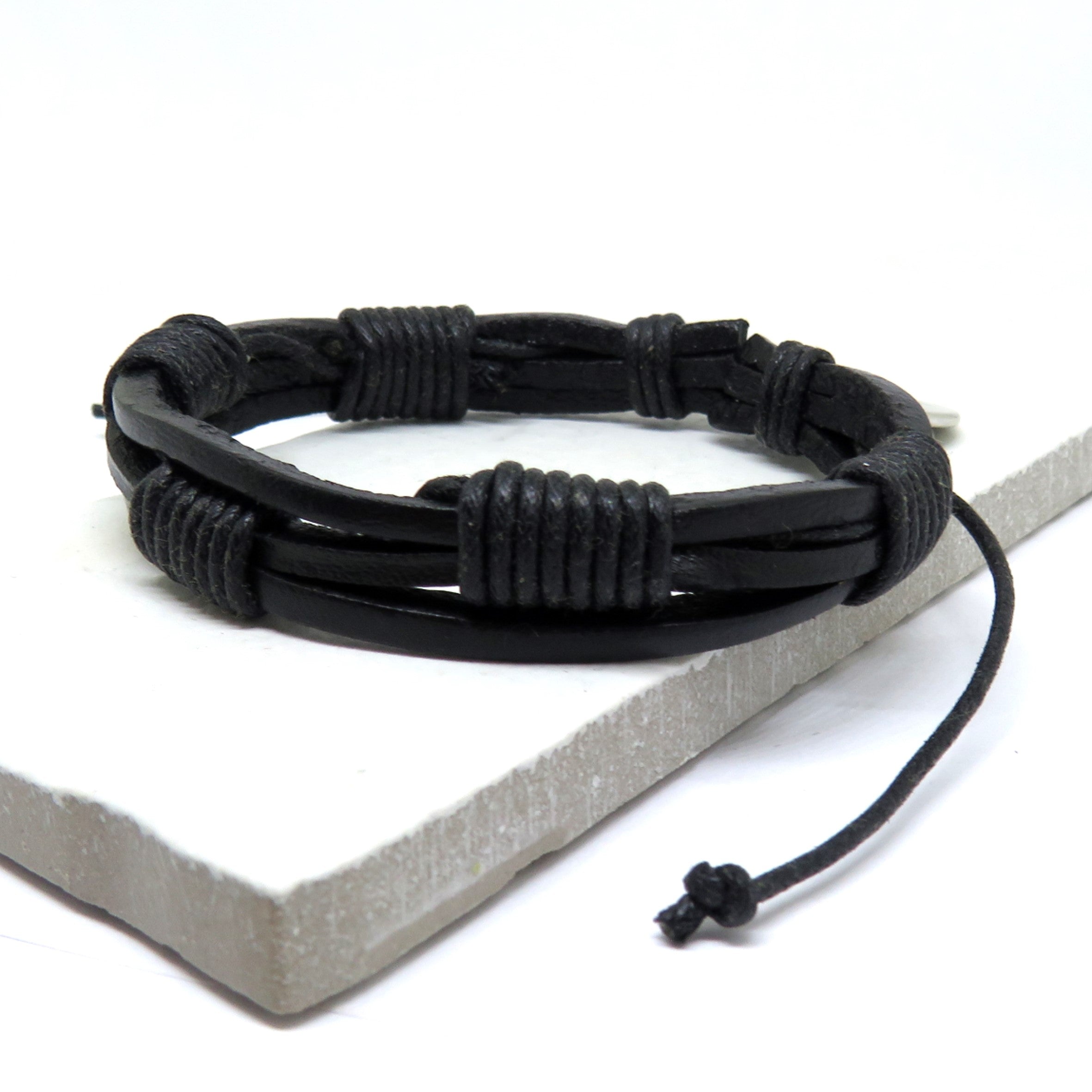 Men's Black Multi-Strand Leather & Cord Bracelet with Adjustable Fit in Gift Box