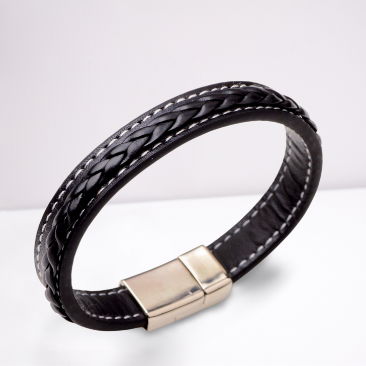 Men's Faux Pleated Leather Bracelet with Silver Magnetic Stainless Steel Fastening