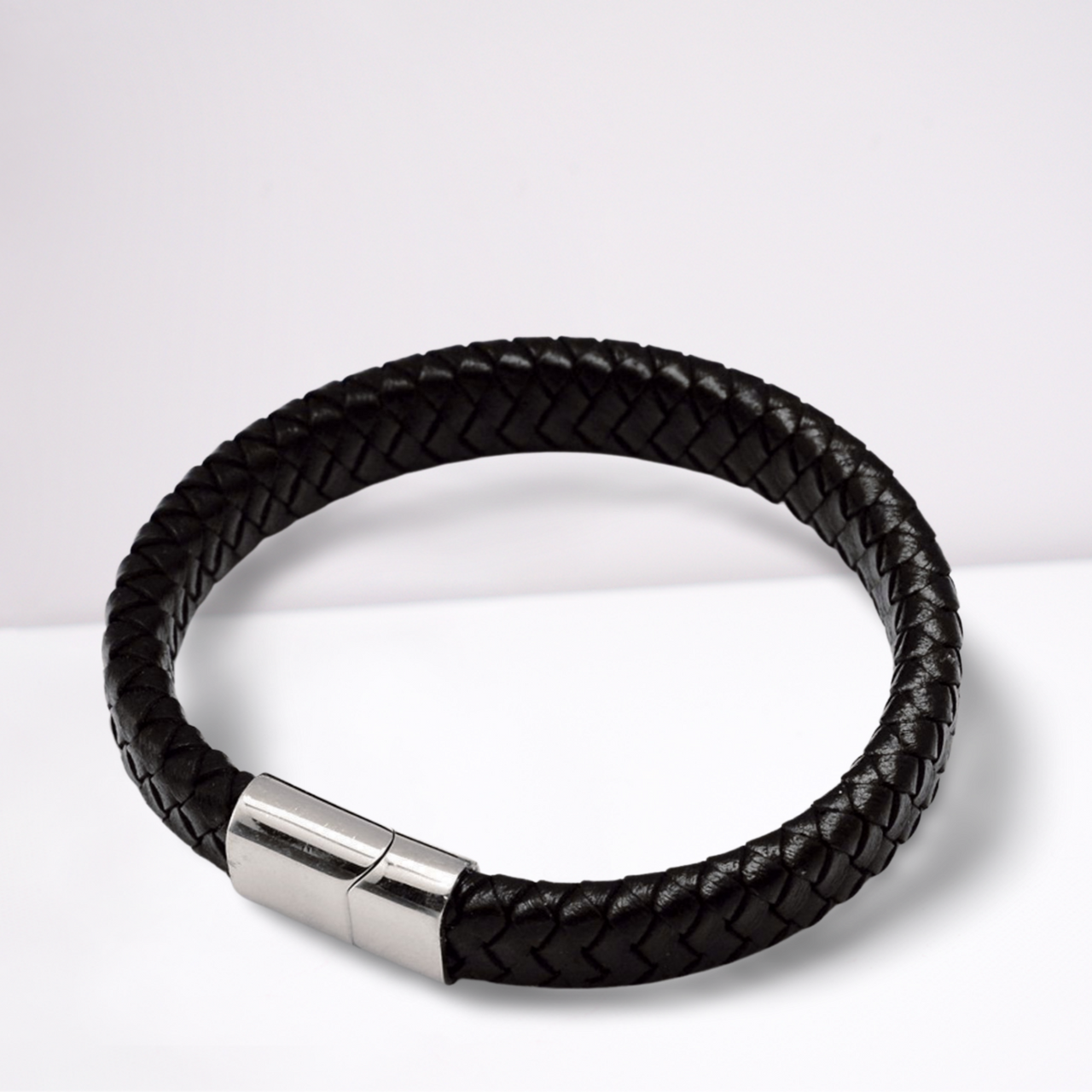 Men's Black Braided Leather Bracelet with Stainless Steel Fastening