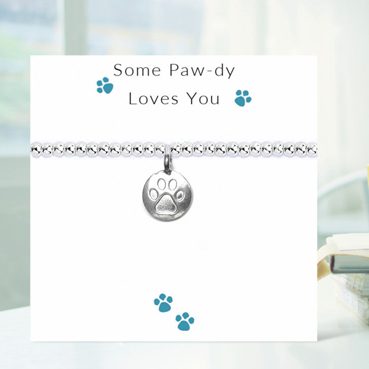Paw Print Silver Beaded Bracelet on Message Card