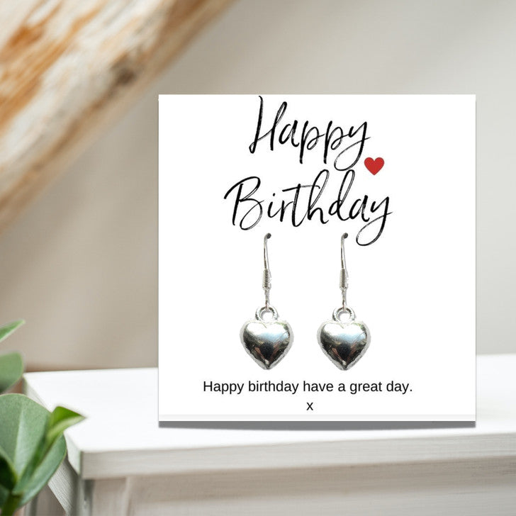 Silver Plated Puff Heart Earrings on Happy Birthday Message Card in Black Gift Box