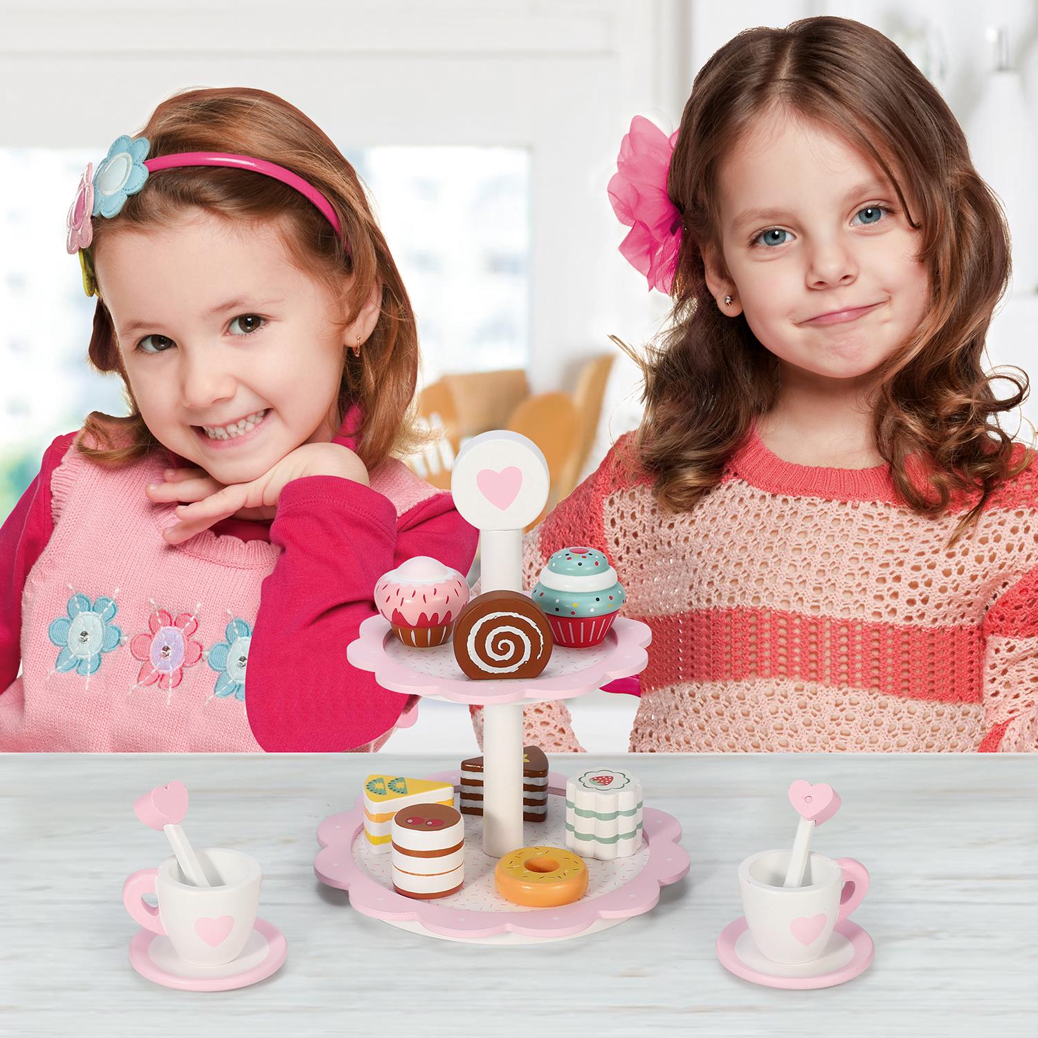 SOKA 2-Tier Dessert Cake Stand with Heart Design, 8 Cake Pieces, Pretend Play Tea Party Toy, Age 3+