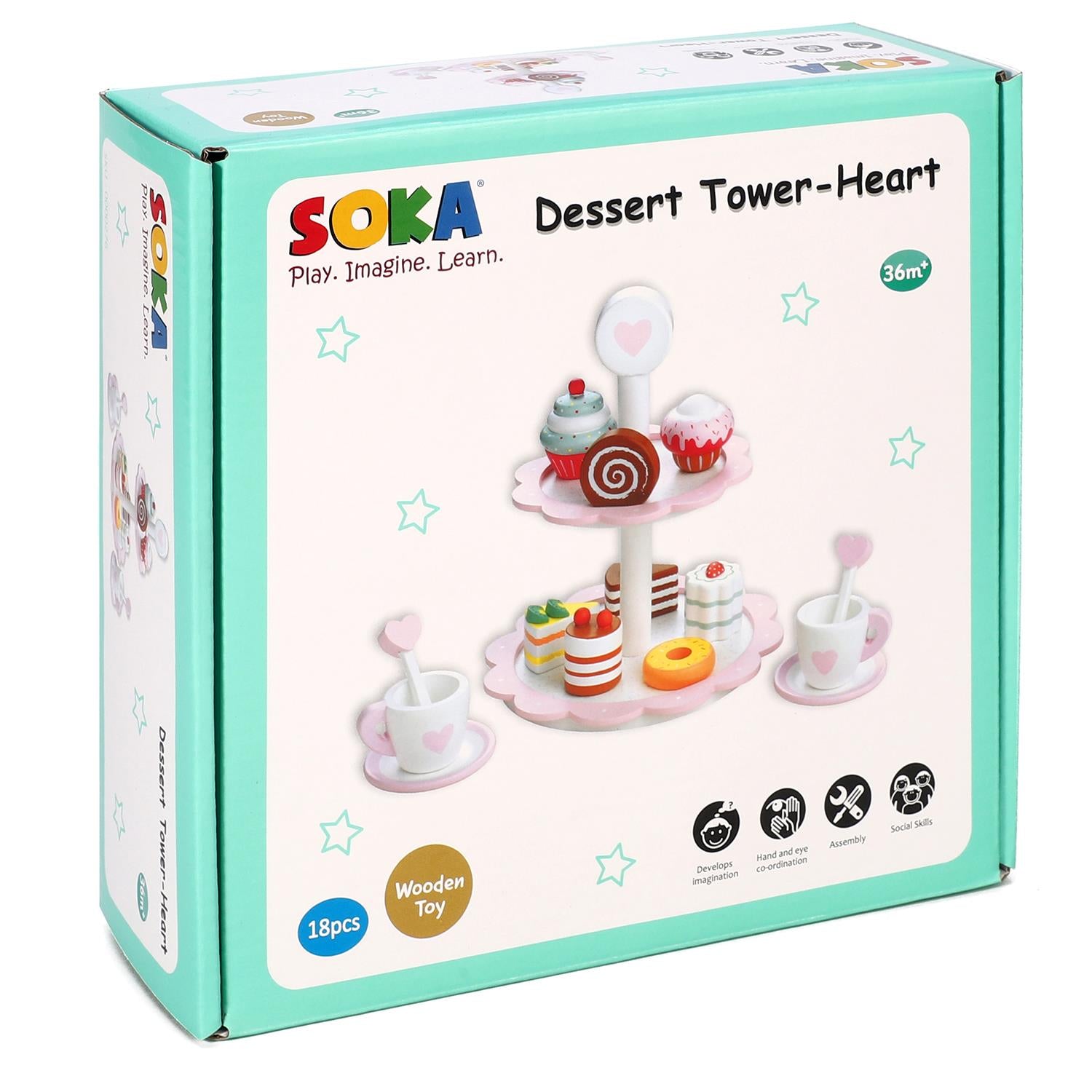 SOKA 2-Tier Dessert Cake Stand with Heart Design, 8 Cake Pieces, Pretend Play Tea Party Toy, Age 3+