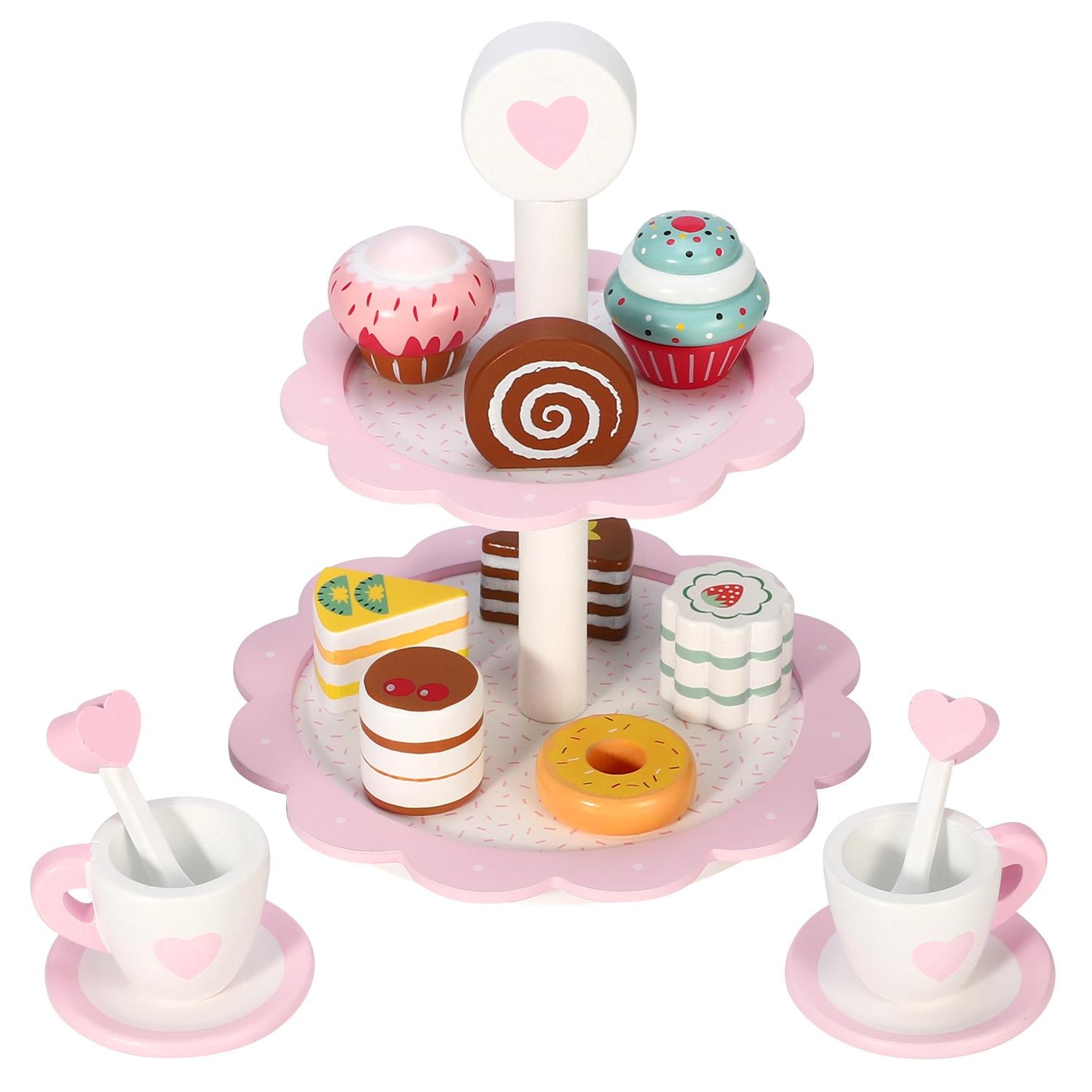 SOKA 2-Tier Dessert Cake Stand with Heart Design, 8 Cake Pieces, Pretend Play Tea Party Toy, Age 3+