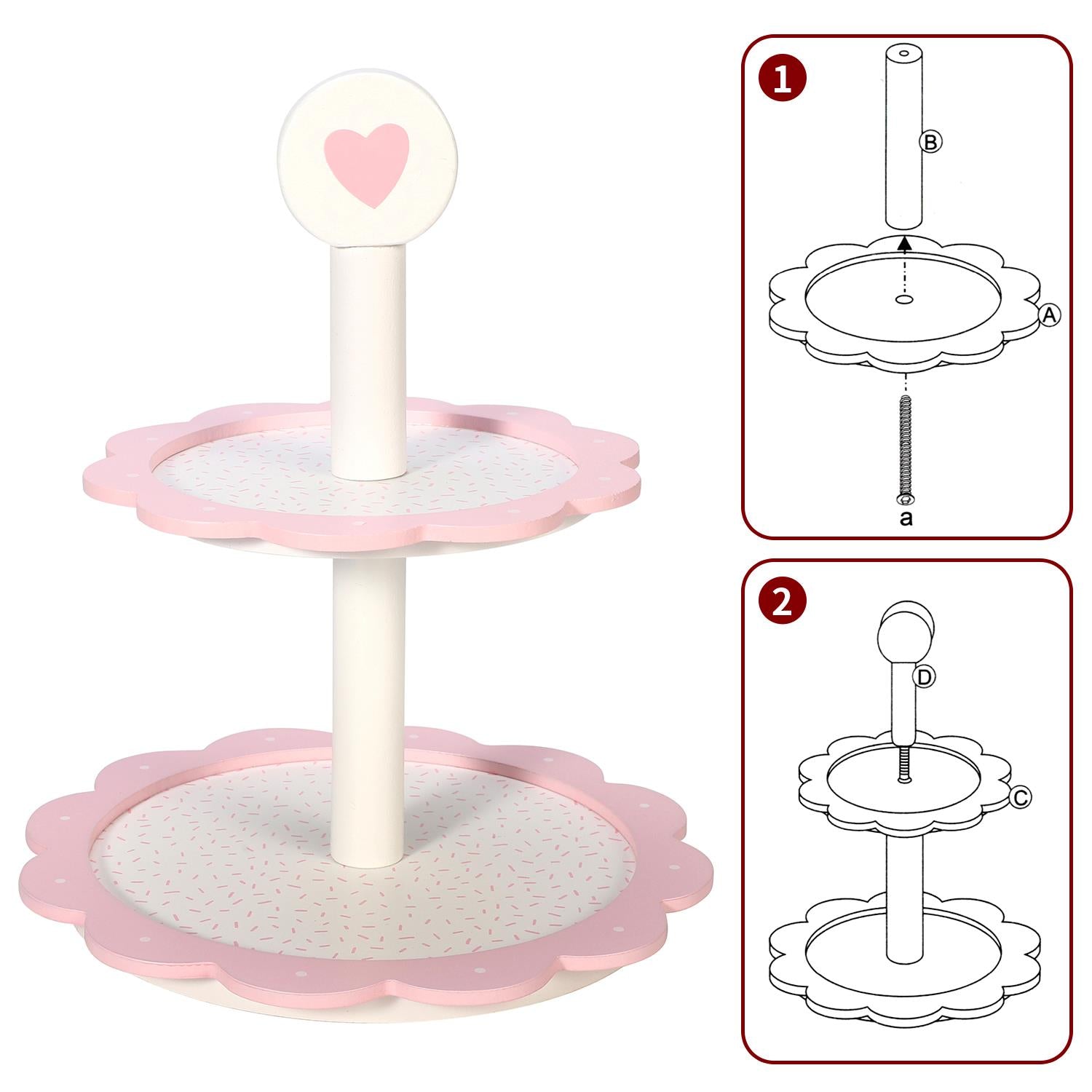 SOKA 2-Tier Dessert Cake Stand with Heart Design, 8 Cake Pieces, Pretend Play Tea Party Toy, Age 3+