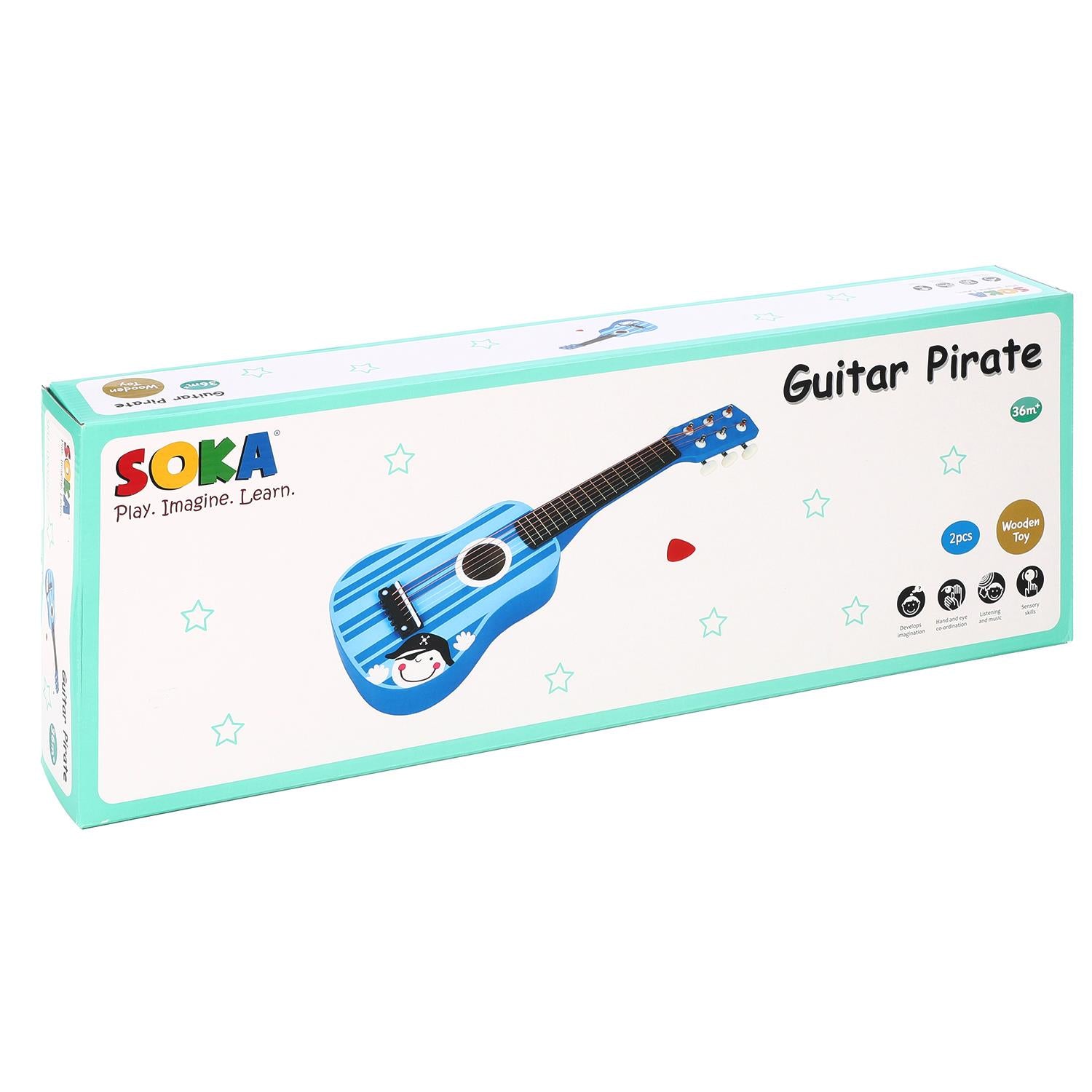 SOKA Wooden Children’s 6-String Guitar with Multi-Coloured Stripes, Blue Pirate Design