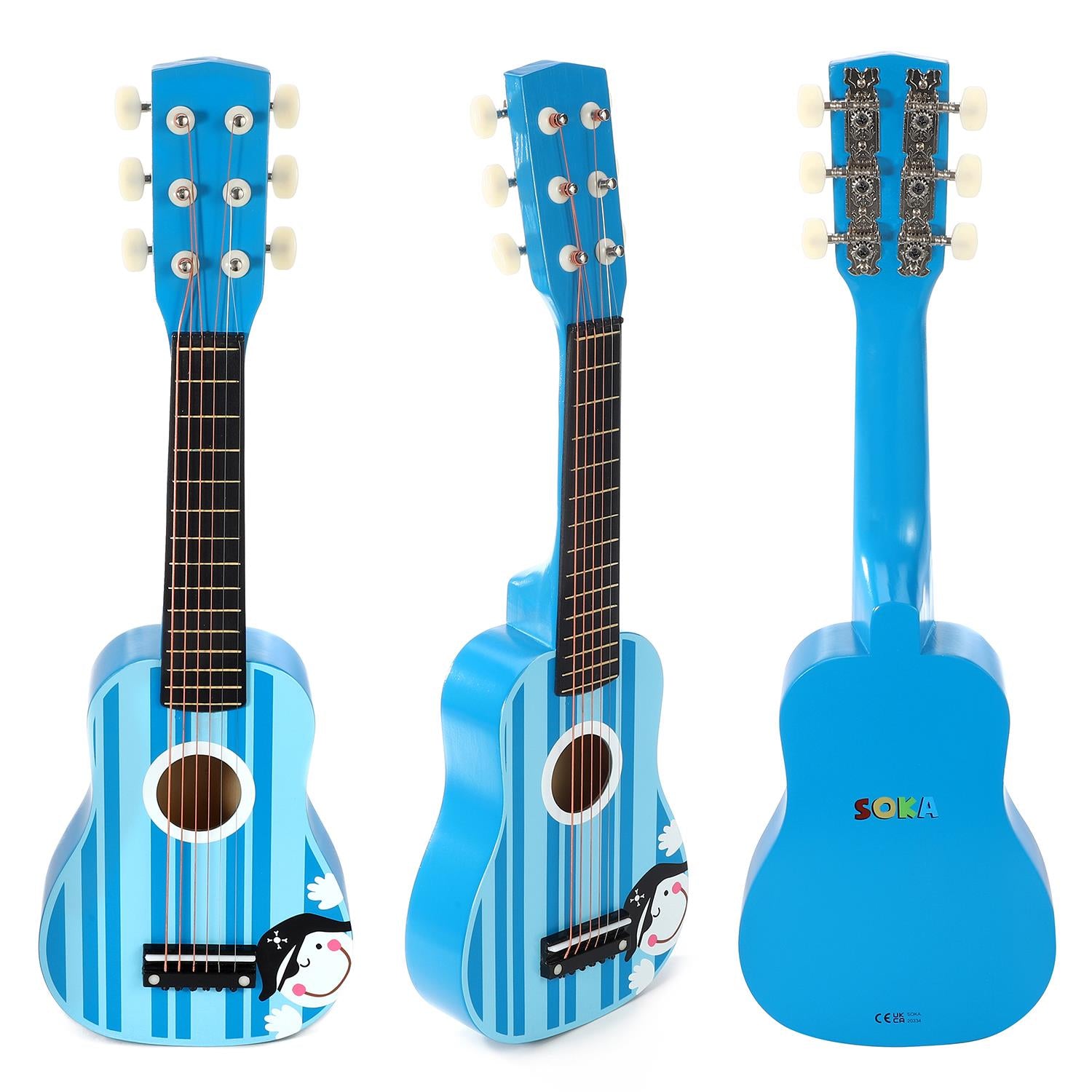 SOKA Wooden Children’s 6-String Guitar with Multi-Coloured Stripes, Blue Pirate Design