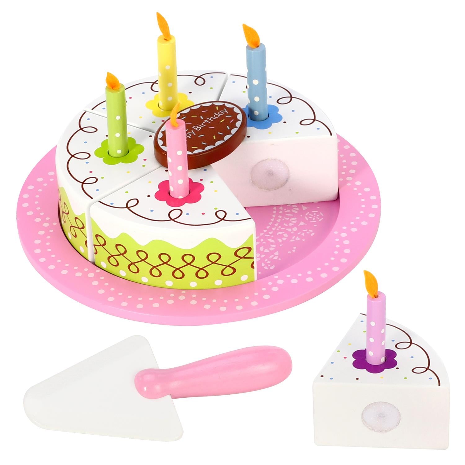 SOKA Wooden Birthday Cream Cake Pretend Play Toy Food Set for Kids with 5 Slices, 5 Removable Candles, Cake Slicer and Plate