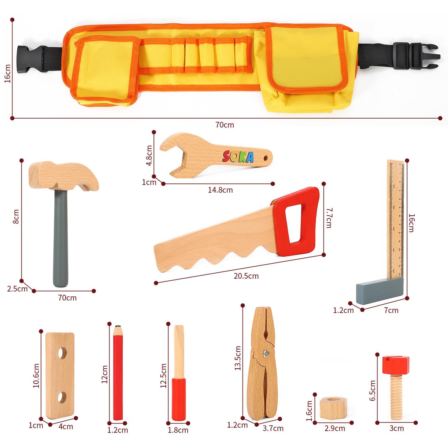 SOKA My Tool Belt Wooden Pretend Play Tool Set with Adjustable Belt and Accessories