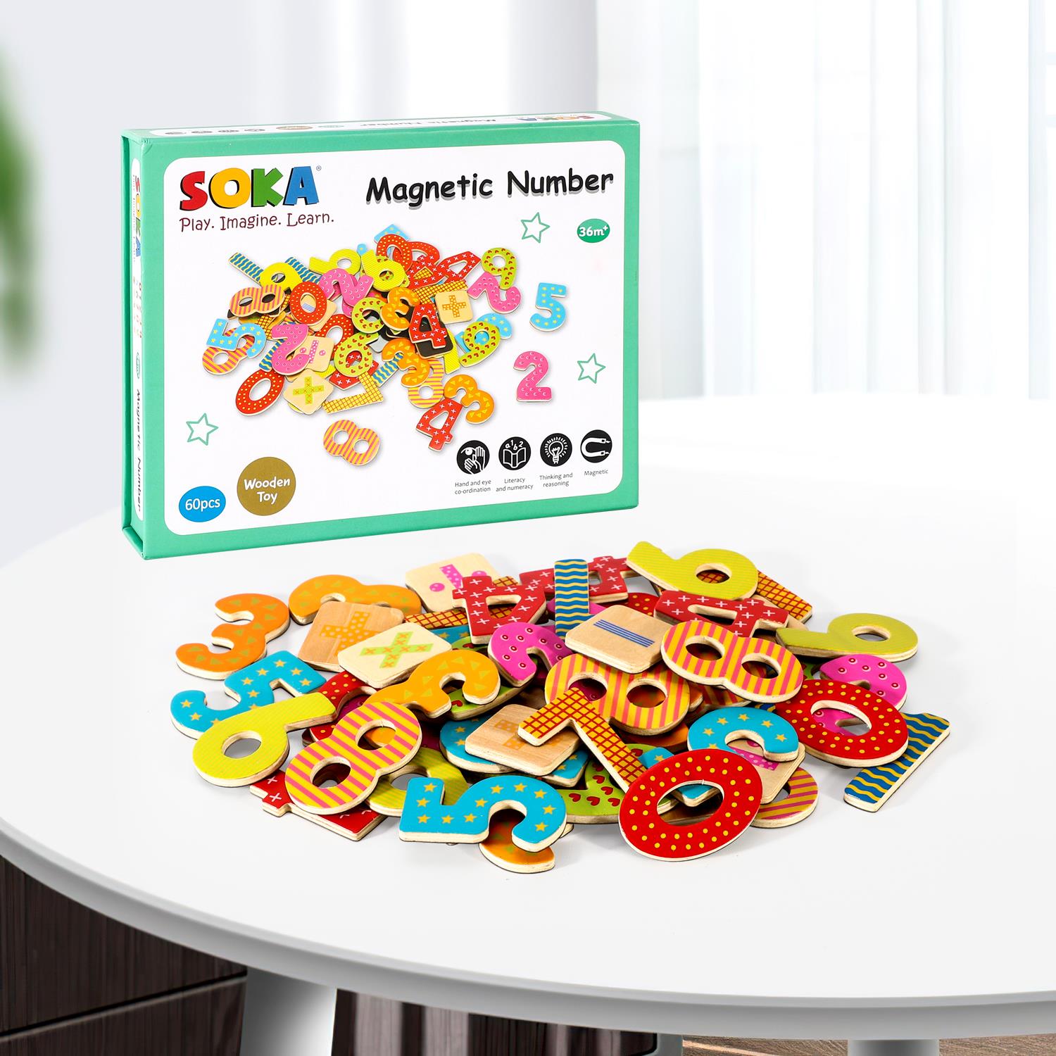 SOKA Play Imagine Learn Wooden Magnetic Numbers and Equations Set, 60 Pieces, Hand-Painted Educational Magnetic Toy for Fridges and Whiteboards