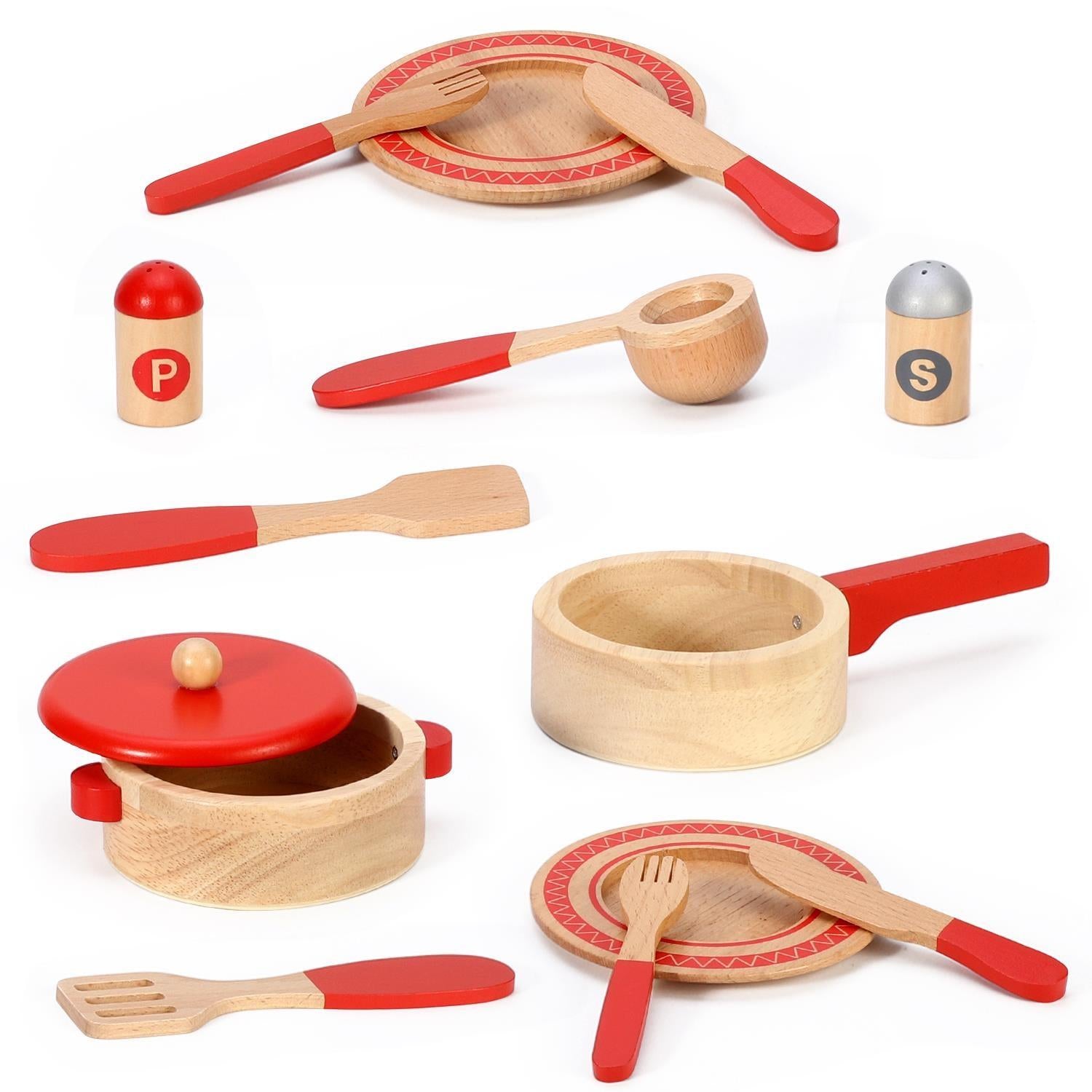 SOKA Play Imagine Learn Wooden Cooking Set for Kids with Saucepan, Frying Pan, Utensils, Plates, Salt and Pepper